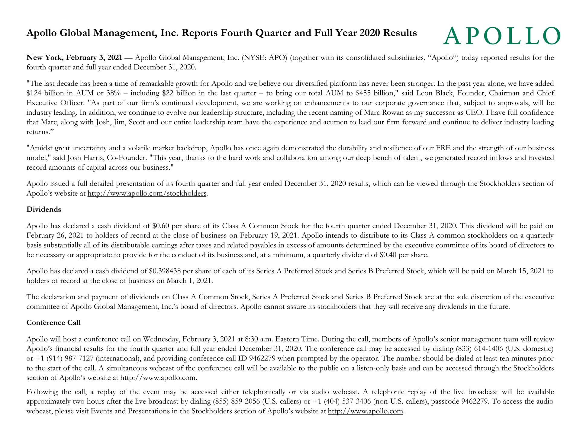 global management reports fourth quarter and full year results a | Apollo Global Management