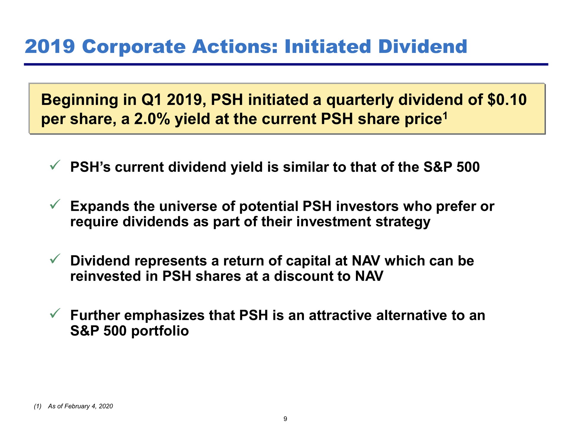 corporate actions initiated dividend beginning in initiated a quarterly dividend of per share a yield at the current share price price | Pershing Square
