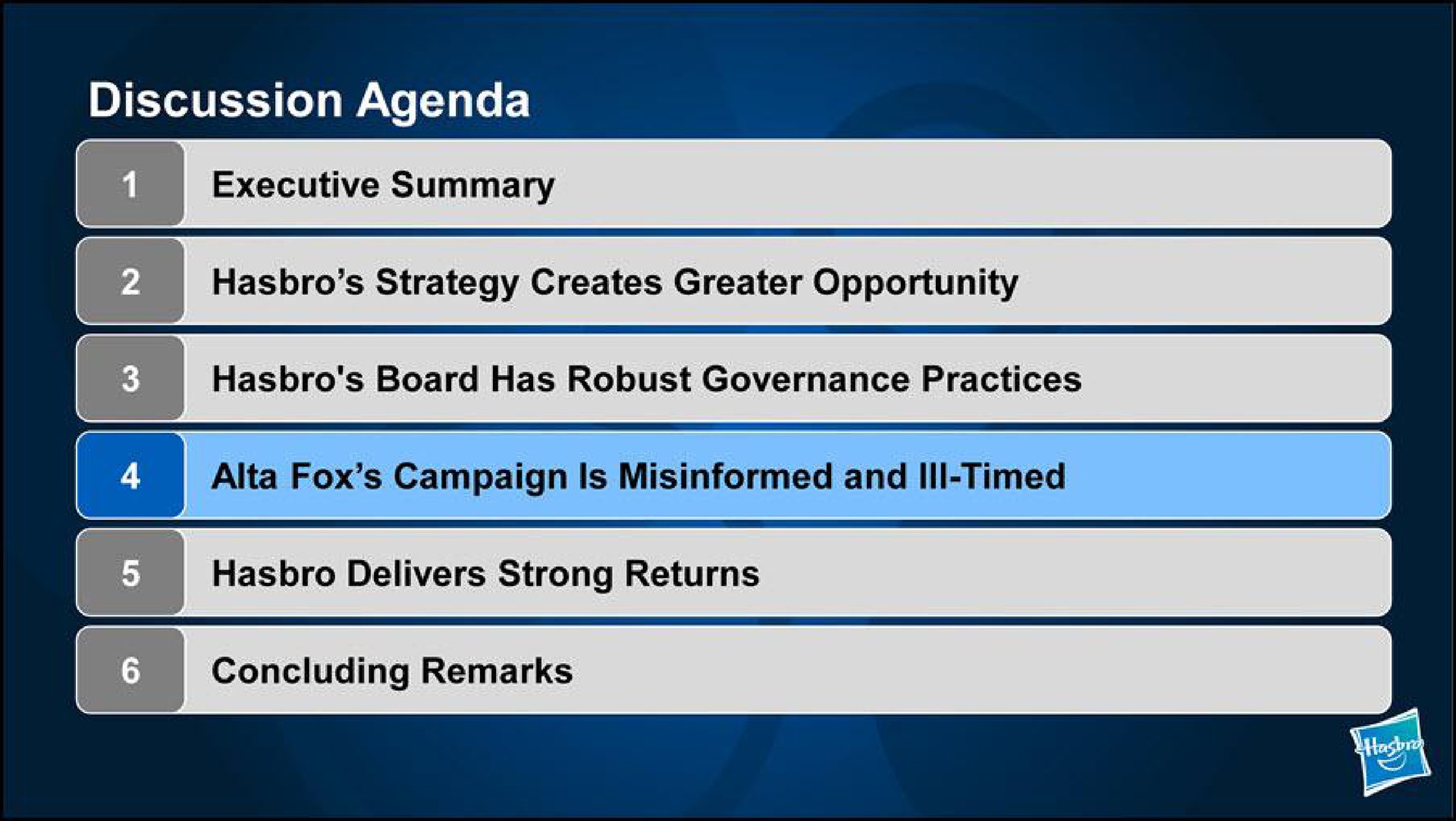 discussion agenda executive summary strategy creates greater opportunity board has robust governance practices delivers strong returns fox campaign is misinformed and ill timed concluding remarks | Hasbro