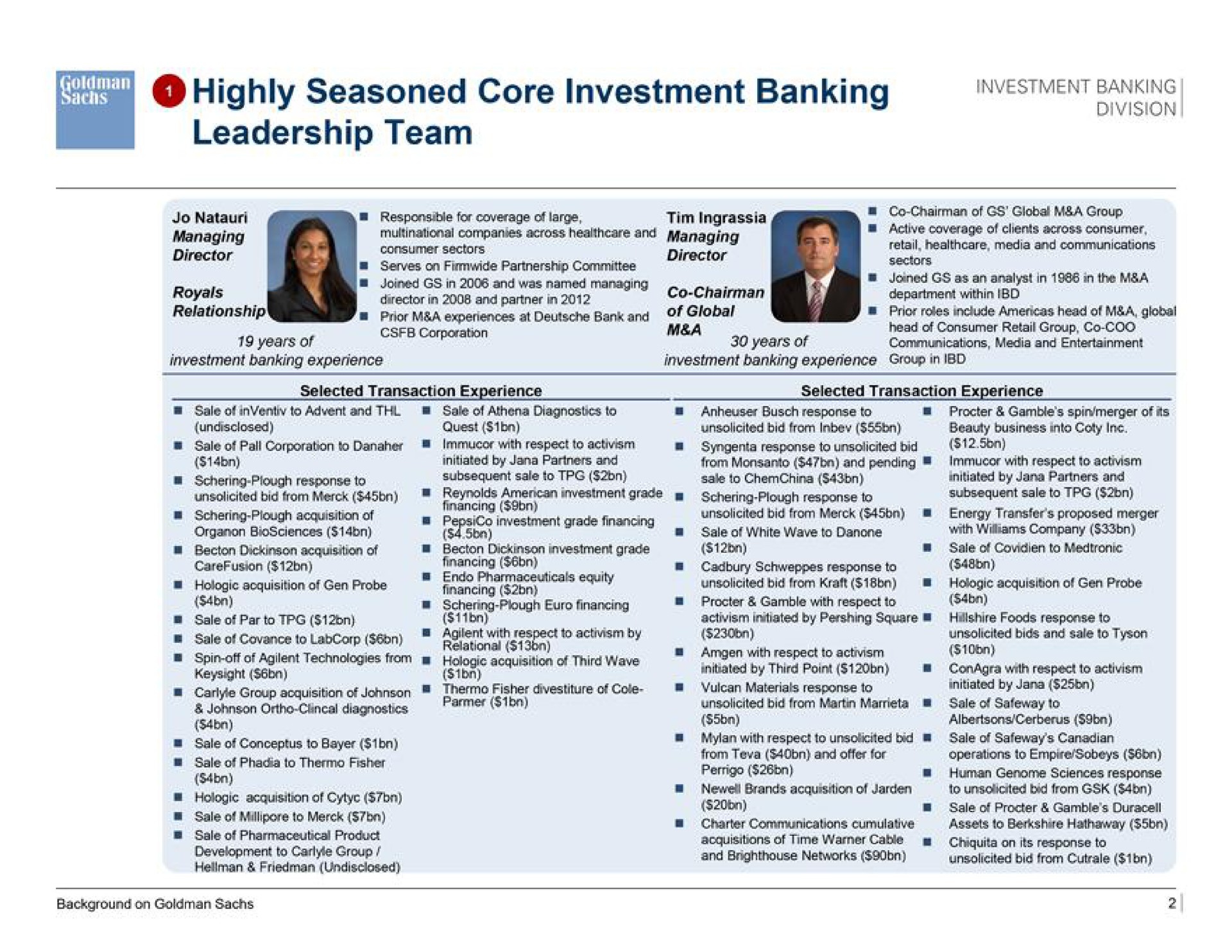 highly seasoned core investment banking leadership team | Goldman Sachs