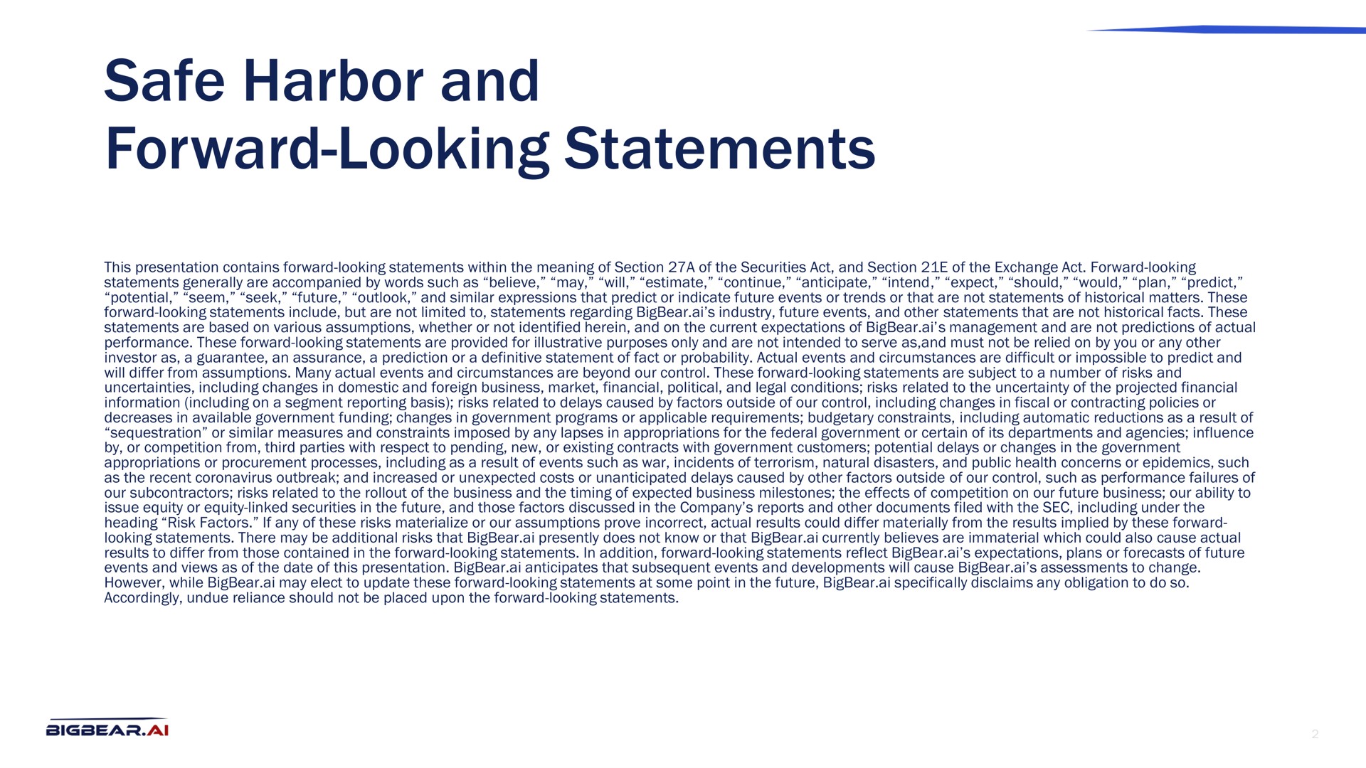 safe harbor and forward looking statements | Bigbear AI
