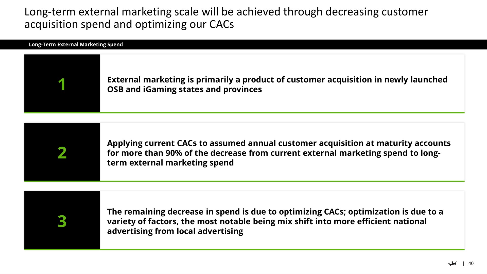 long term external marketing scale will be achieved through decreasing customer acquisition spend and optimizing our is primarily a product of in newly launched states provinces applying current to assumed annual at maturity accounts for more than of the decrease from current to long term the remaining decrease in is due to optimization is due toa variety of factors the most notable being mix shift into more efficient national advertising from local advertising | DraftKings