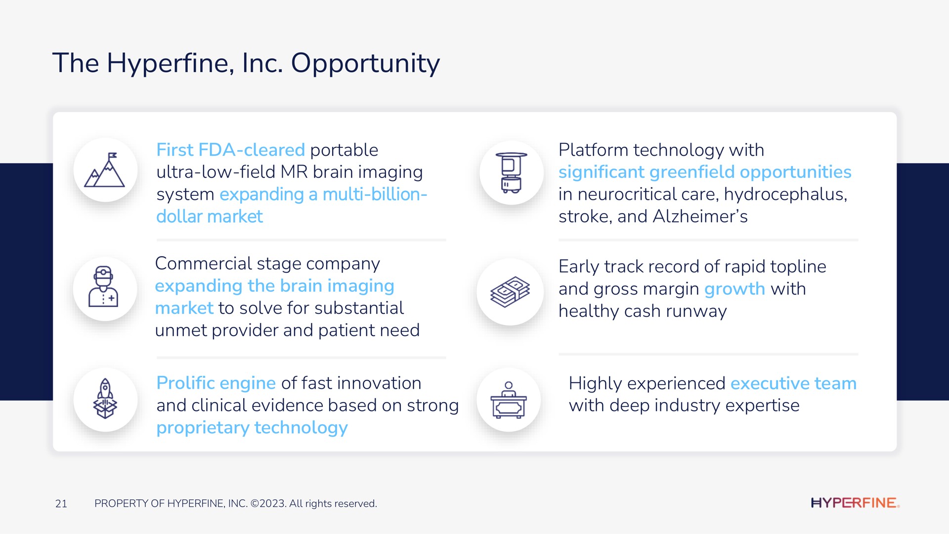 the hyperfine opportunity first cleared portable ultra low field brain imaging system expanding a billion dollar market commercial stage company expanding the brain imaging market to solve for substantial unmet provider and patient need platform technology with significant opportunities in care hydrocephalus stroke and early track record of rapid topline and gross margin growth with healthy cash runway prolific engine of fast innovation and clinical evidence based on strong proprietary technology highly experienced executive team with deep industry | Hyperfine