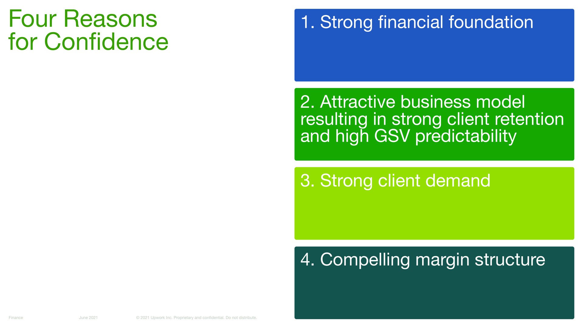 four reasons for con strong foundation attractive business model resulting in strong client retention and high predictability strong client demand compelling margin structure confidence | Upwork