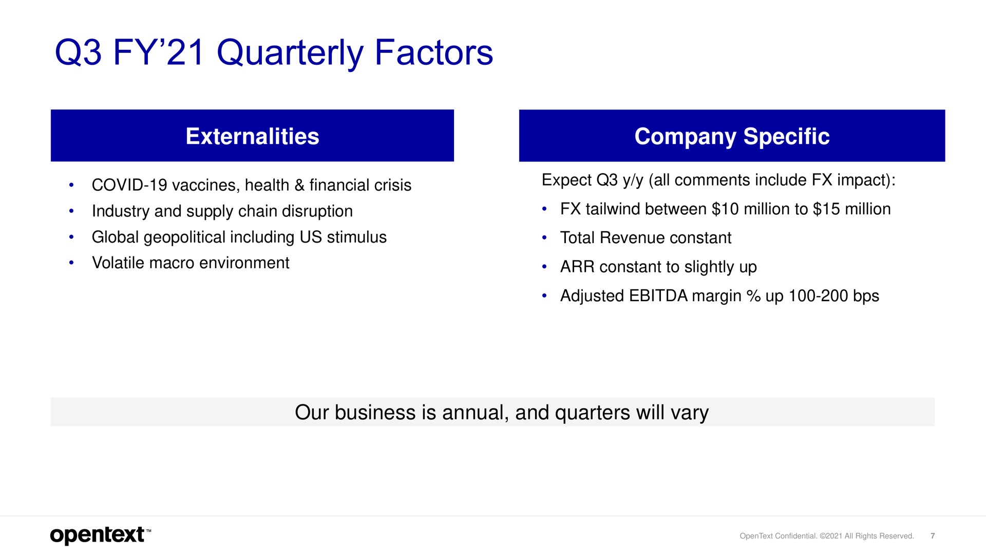 quarterly factors externalities company specific our business is annual and quarters will vary | OpenText