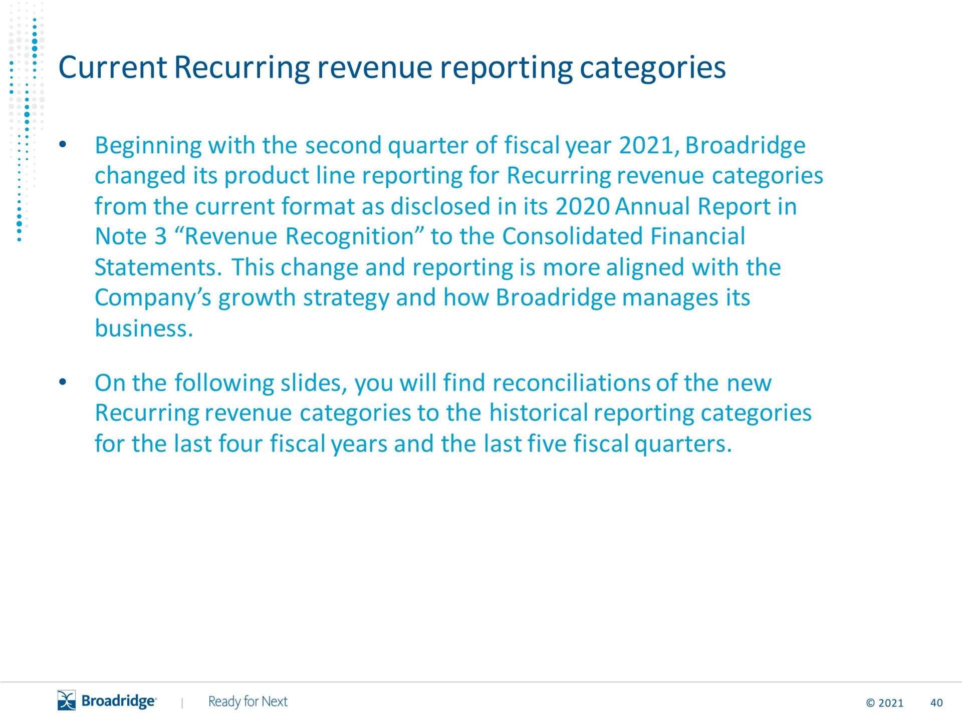 current recurring revenue reporting categories | Broadridge Financial Solutions
