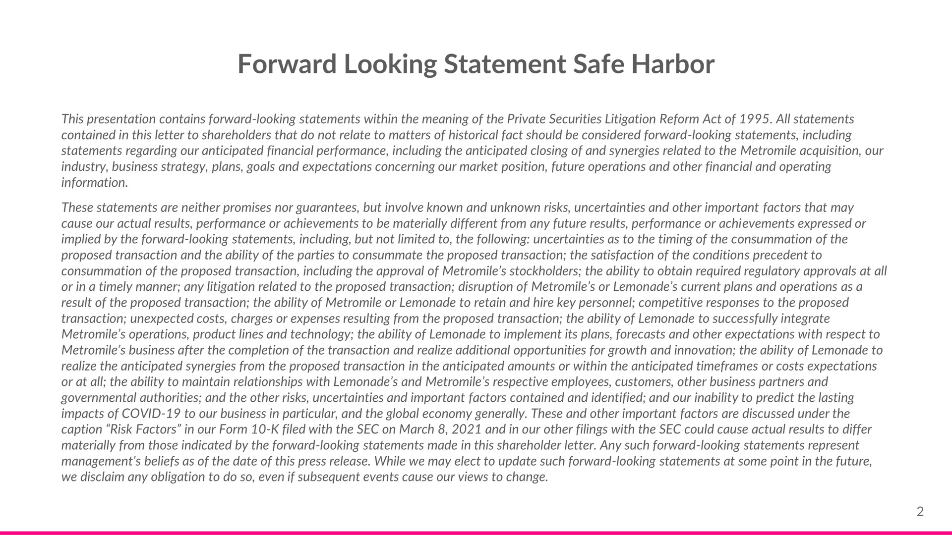 forward looking statement safe harbor | Lemonade
