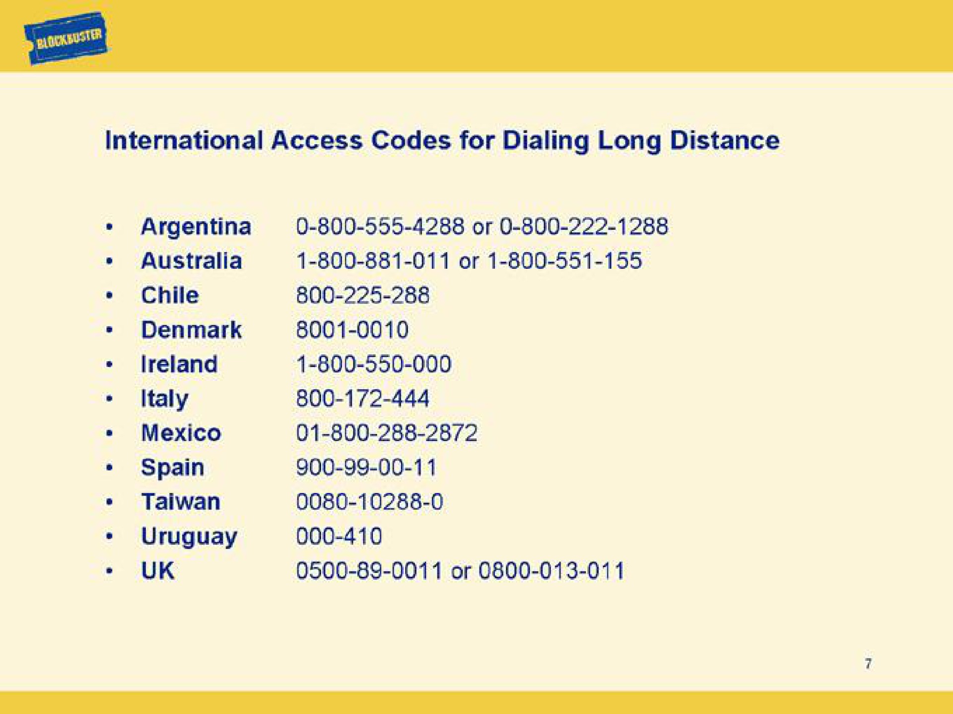 international access codes for dialing long distance or or or | Blockbuster Video