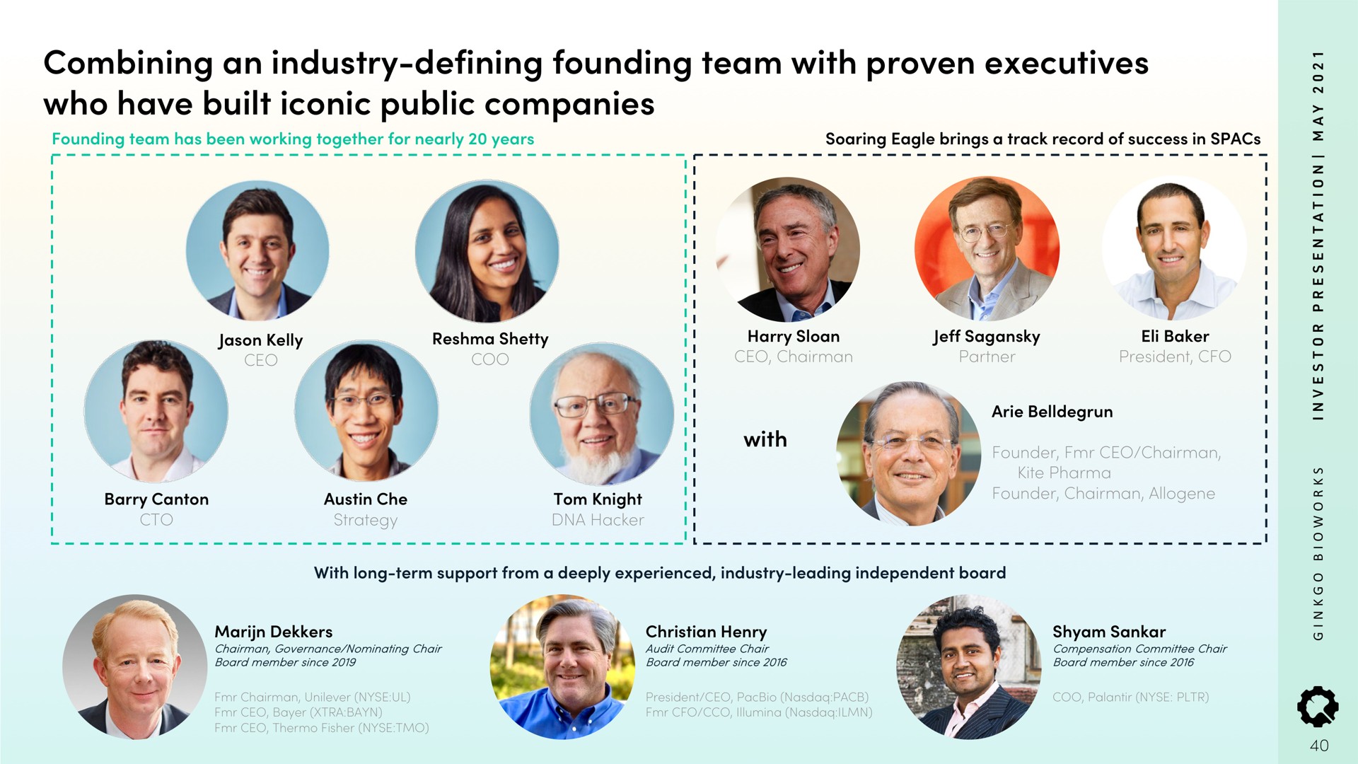 combining an industry defining founding team with proven executives who have built iconic public companies i | Ginkgo