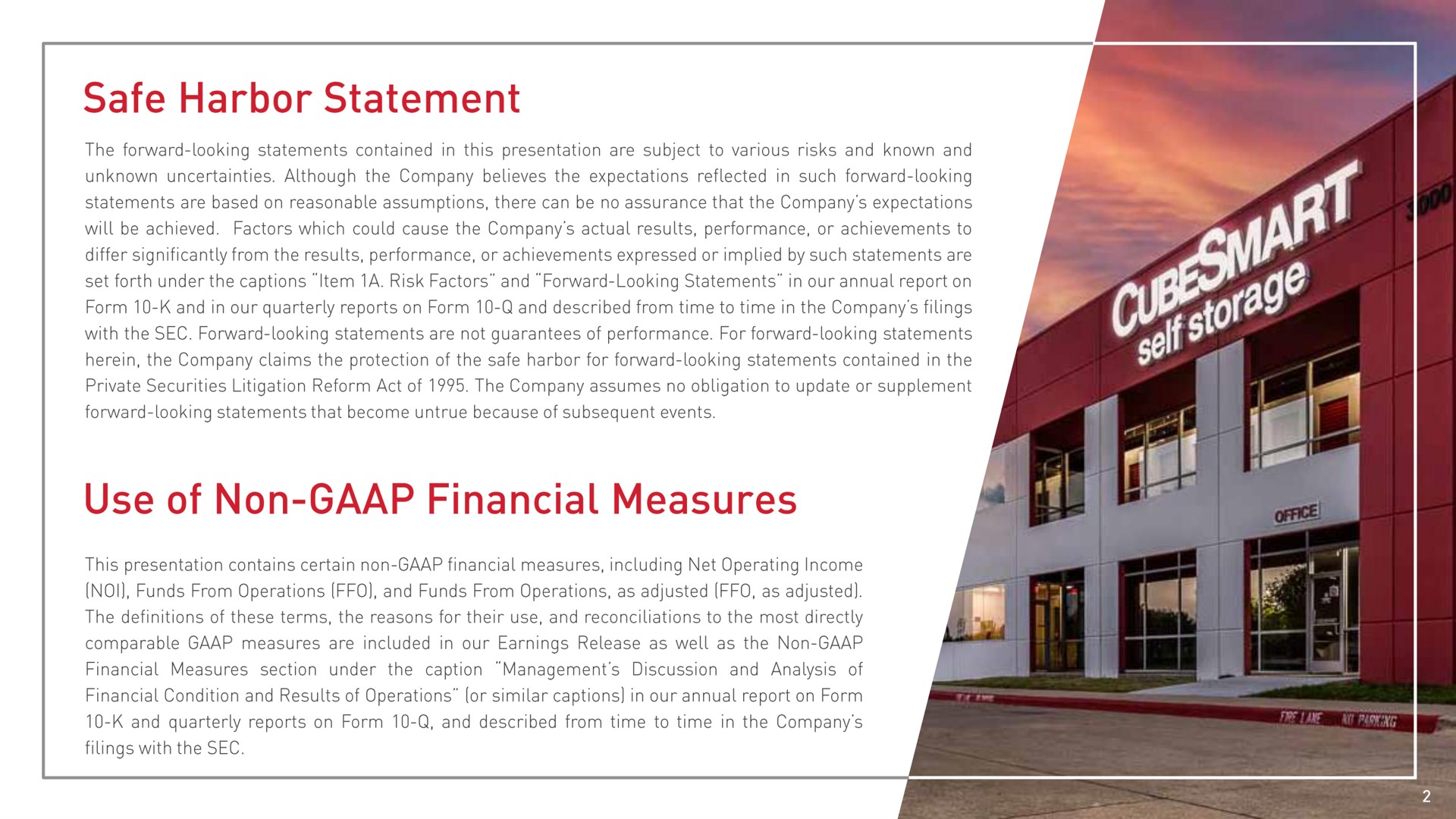 safe harbor statement use of non financial measures | CubeSmart