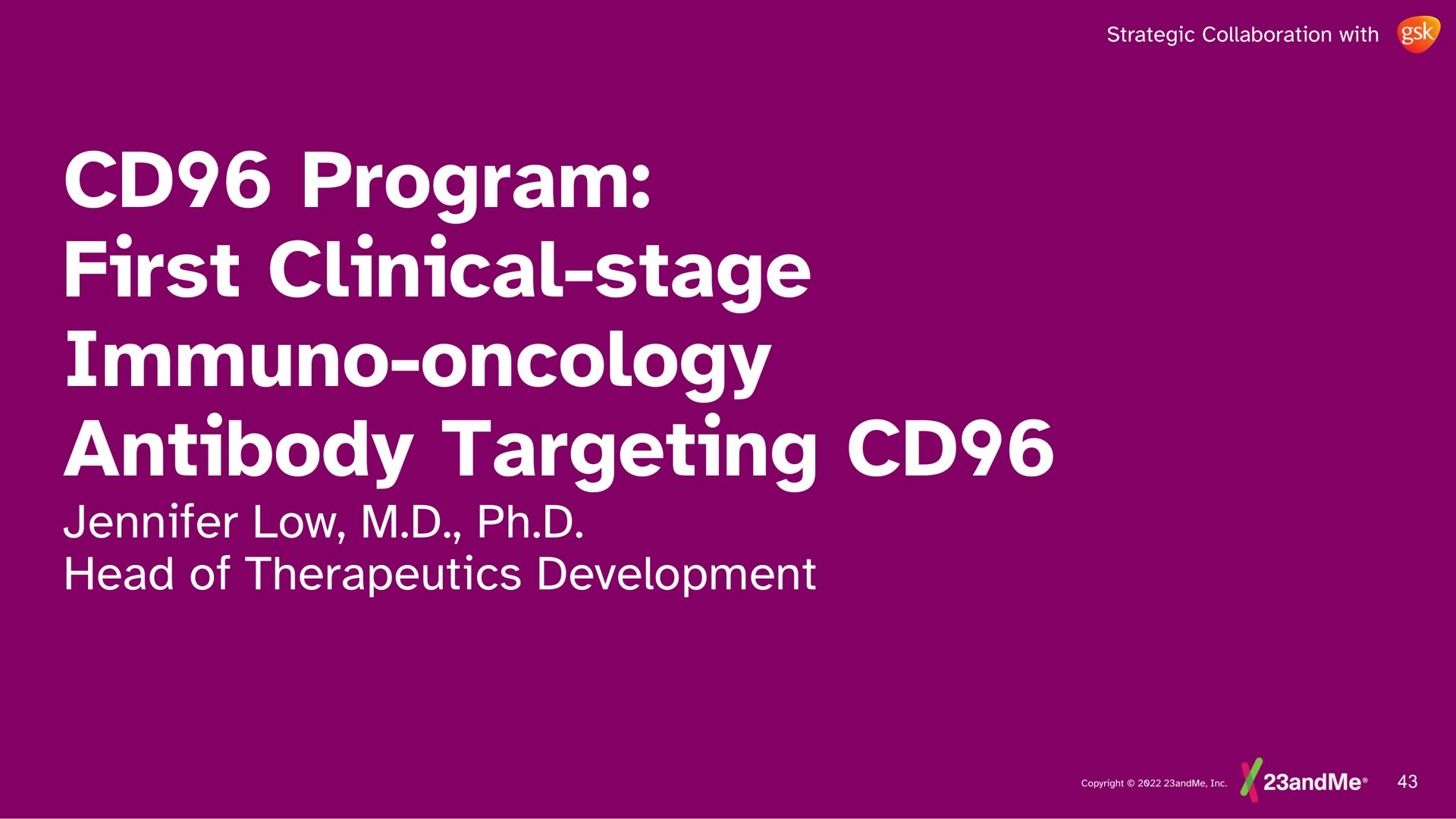 program first clinical stage oncology antibody targeting low head of therapeutics development | 23andMe