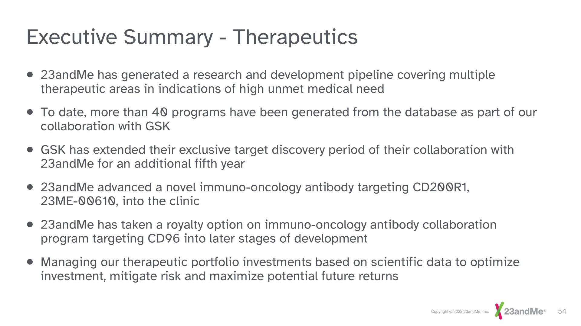 executive summary therapeutics | 23andMe
