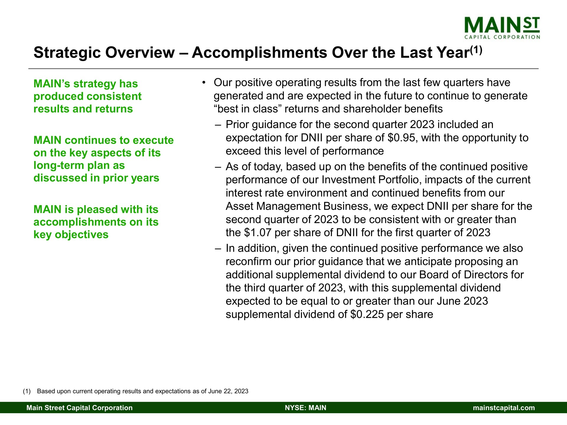 strategic overview accomplishments over the last year | Main Street Capital