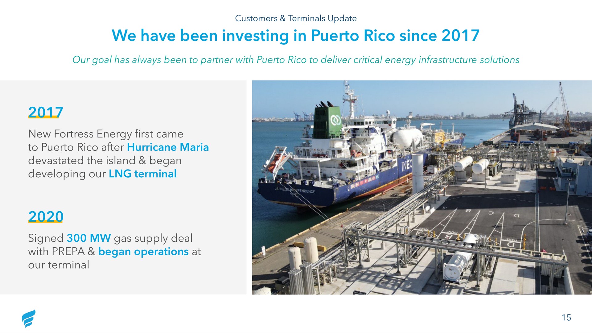 we have been investing in since new fortress energy first came to after hurricane maria devastated the island began developing our terminal signed gas supply deal with began operations at our terminal | NewFortress Energy