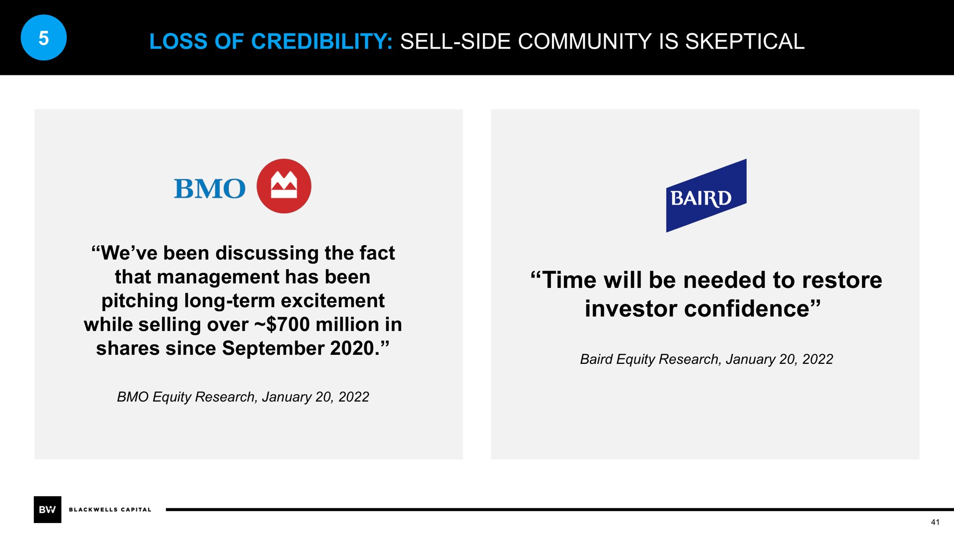 loss of credibility sell side community is skeptical we been discussing the fact that management has been pitching long term excitement while selling over million in shares since time will be needed to restore investor confidence | Blackwells Capital