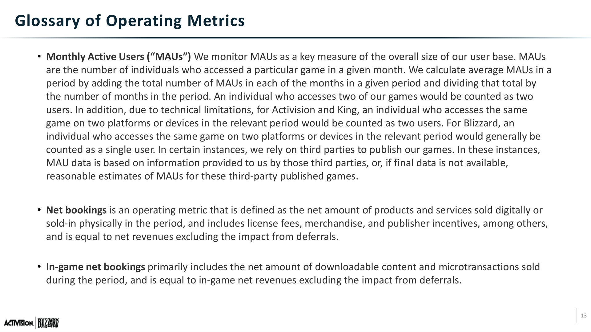 glossary of operating metrics | Activision Blizzard