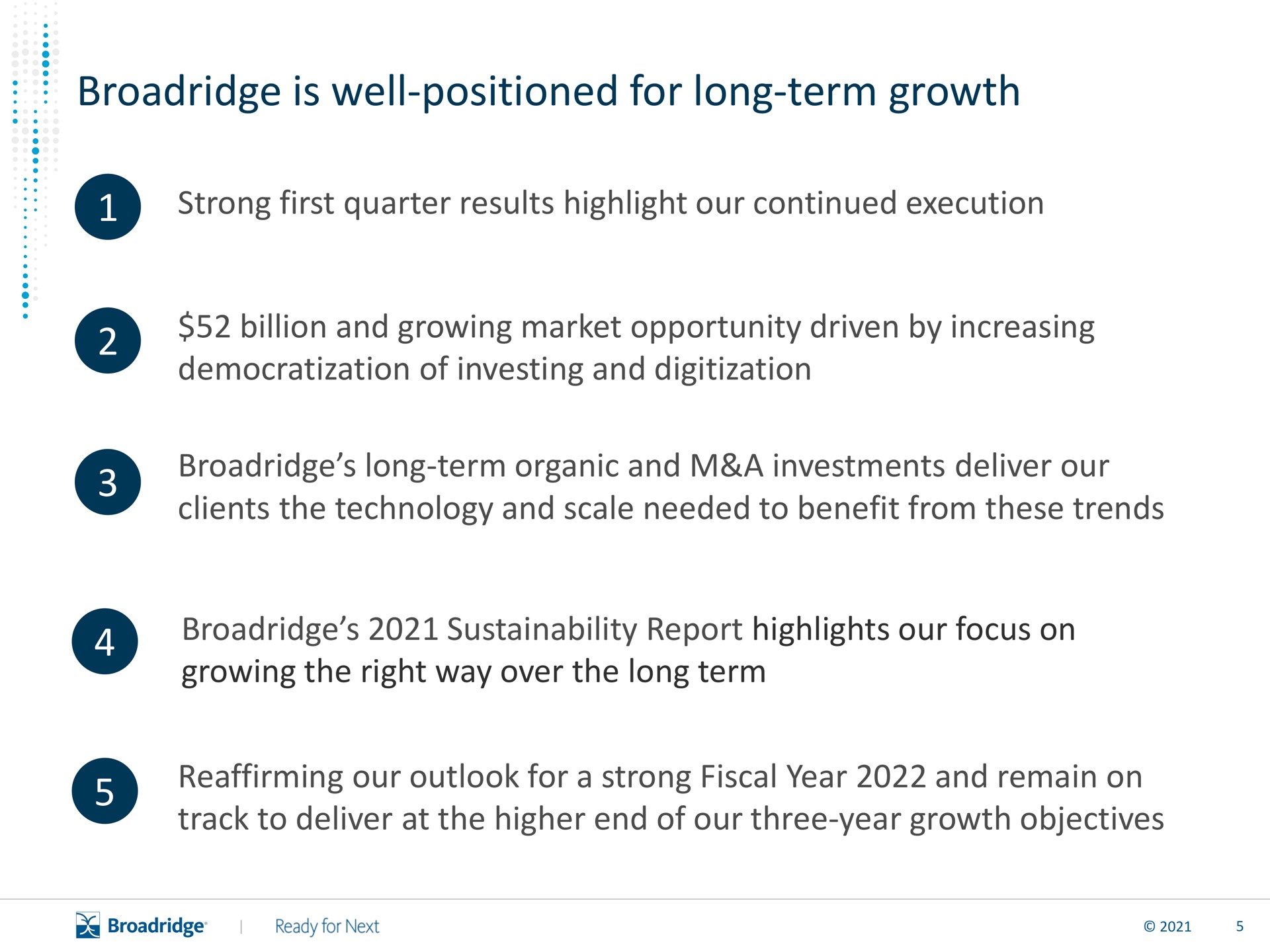 is well positioned for long term growth strong first quarter results highlight our continued execution billion and growing market opportunity driven by increasing democratization of investing and long term organic and a investments deliver our clients the technology and scale needed to benefit from these trends report highlights our focus on growing the right way over the long term reaffirming our outlook for a strong fiscal year and remain on track to deliver at the higher end of our three year growth objectives | Broadridge Financial Solutions