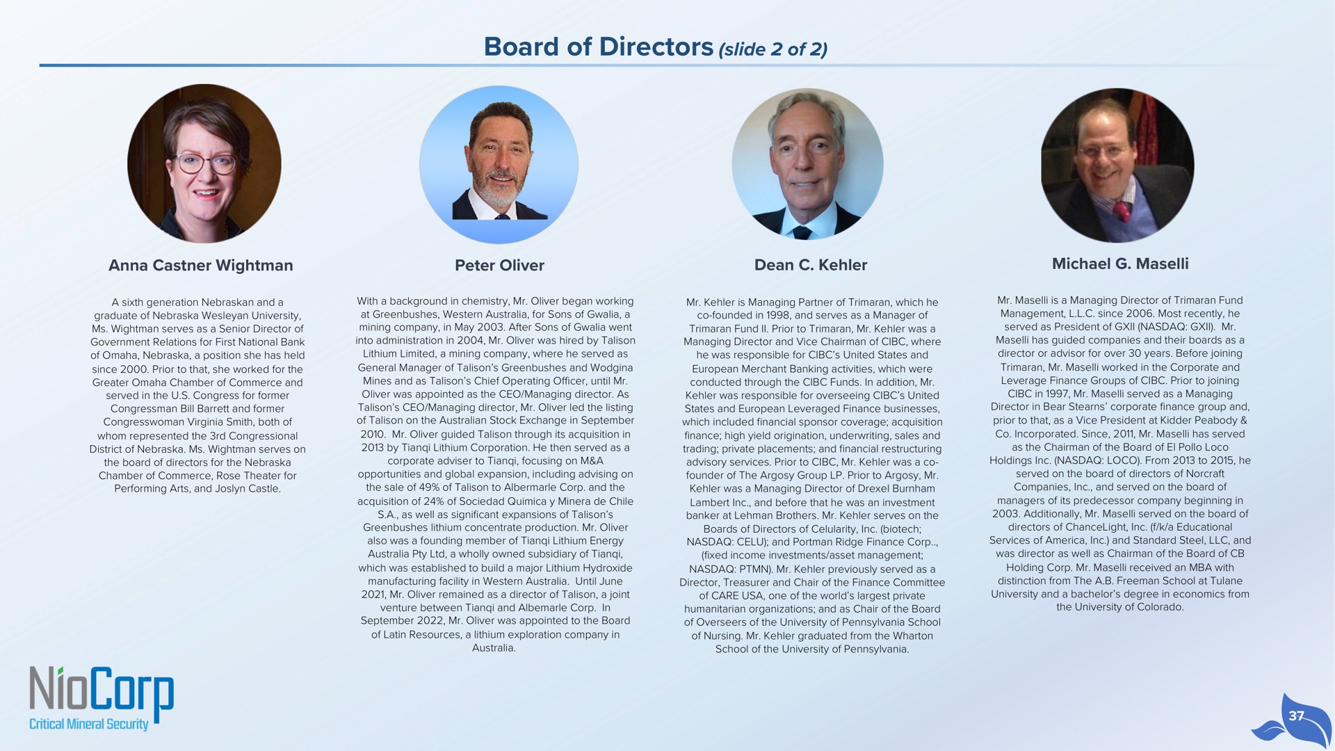 board of directors slide of | NioCorp