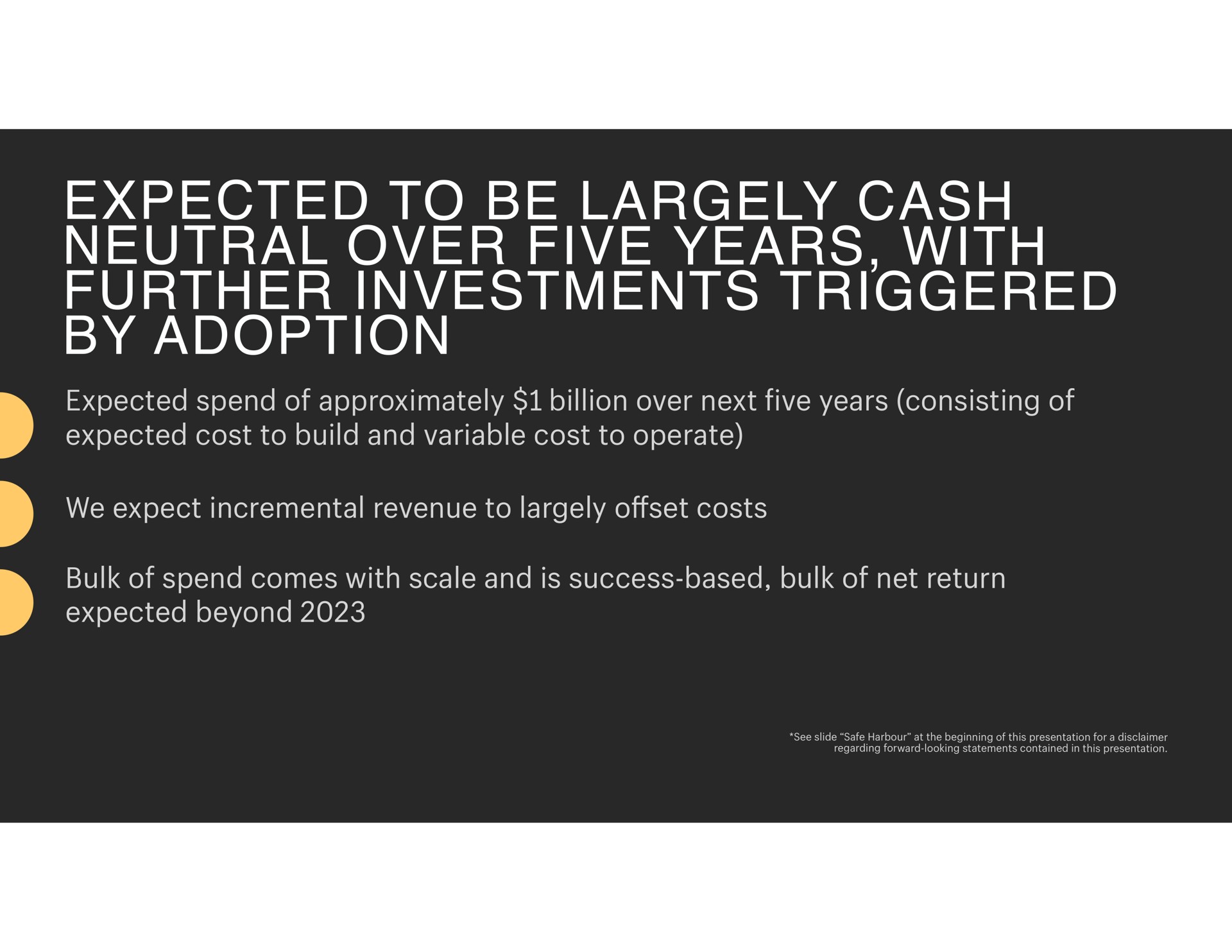 expected to be largely cash neutral over five years with further investments triggered by adoption expected spend of approximately billion over next five years consisting of expected cost to build and variable cost to operate we expect incremental revenue to largely offset costs bulk of spend comes with scale and is success based bulk of net return expected beyond invest i | Shopify