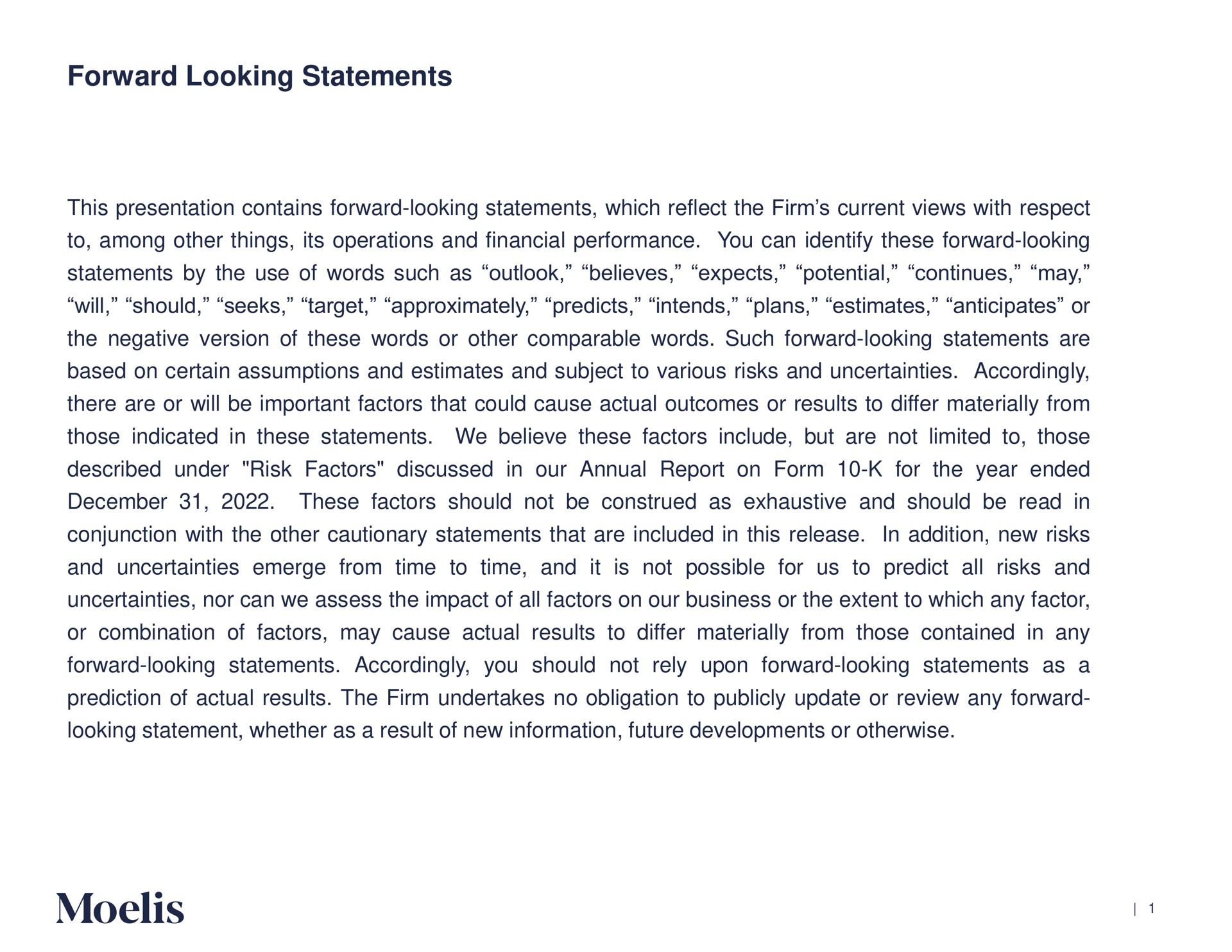 forward looking statements | Moelis & Company