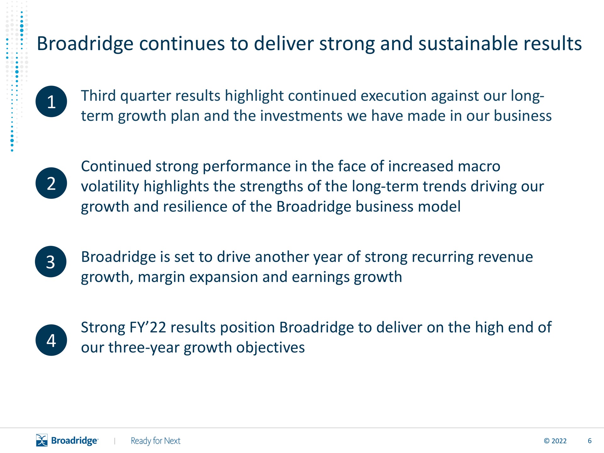 continues to deliver strong and sustainable results third quarter results highlight continued execution against our long term growth plan and the investments we have made in our business continued strong performance in the face of increased macro volatility highlights the strengths of the long term trends driving our growth and resilience of the business model is set to drive another year of strong recurring revenue growth margin expansion and earnings growth strong results position to deliver on the high end of our three year growth objectives | Broadridge Financial Solutions