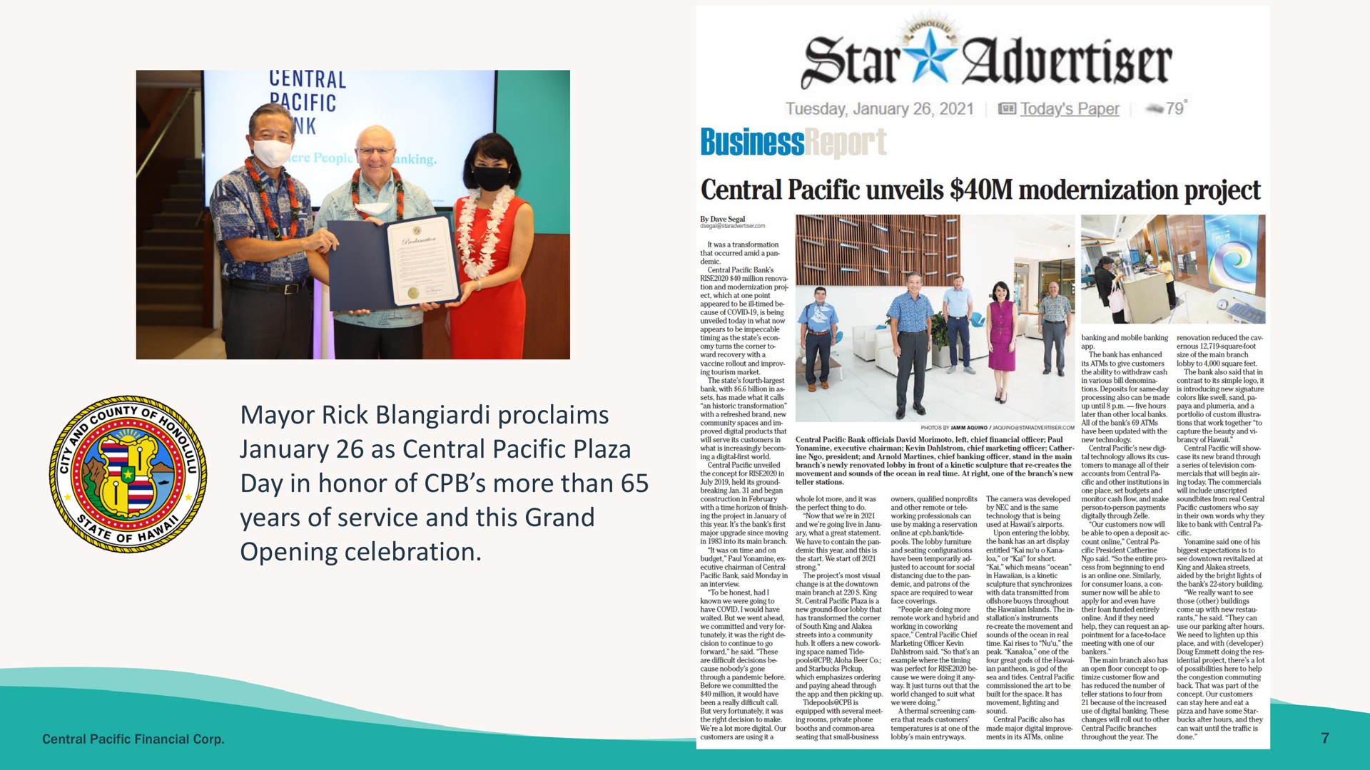 advertiser business central pacific unveils modernization project as central pacific plaza day in honor of more than a | Central Pacific Financial