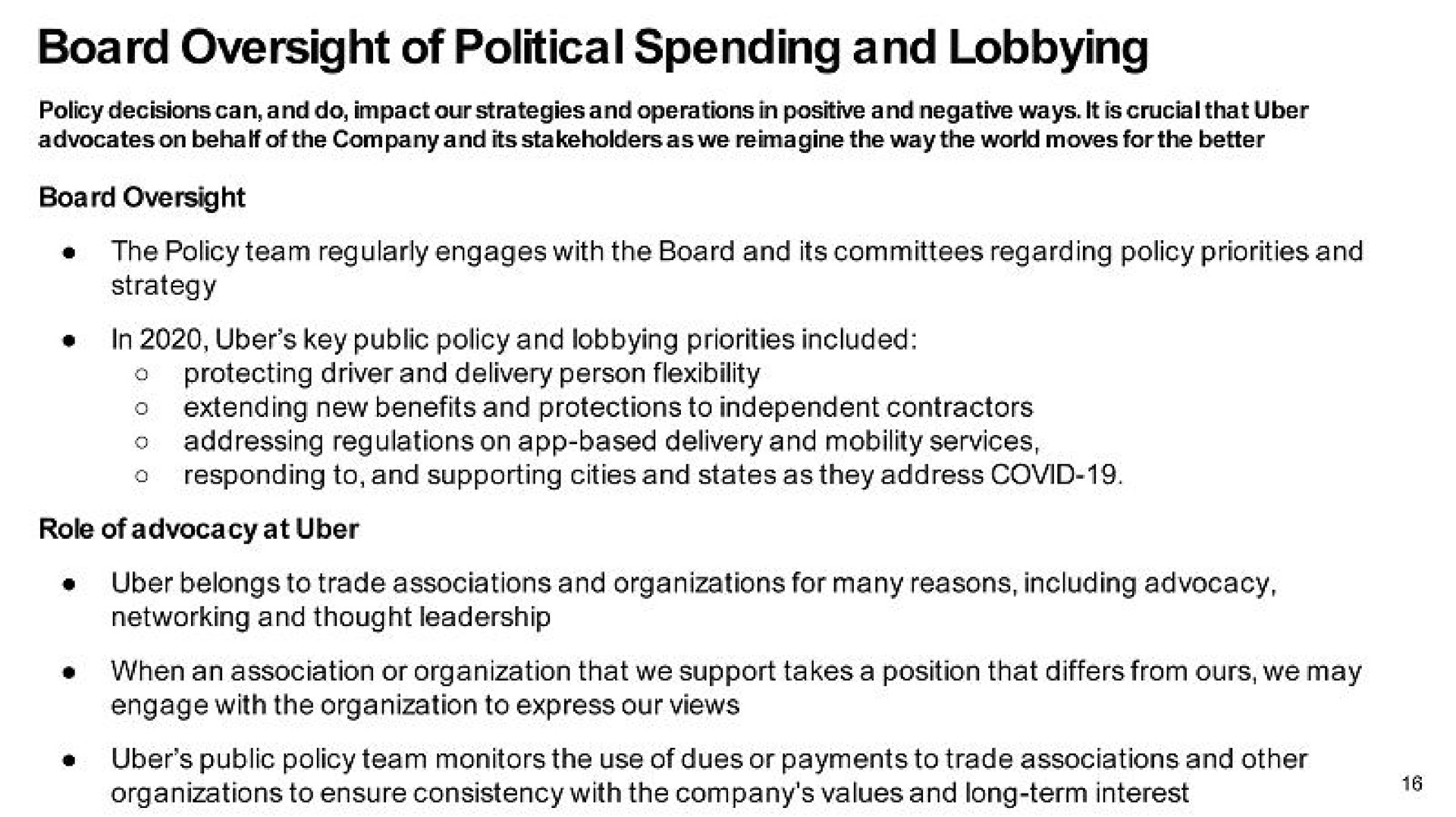 board oversight of political spending and lobbying | Uber
