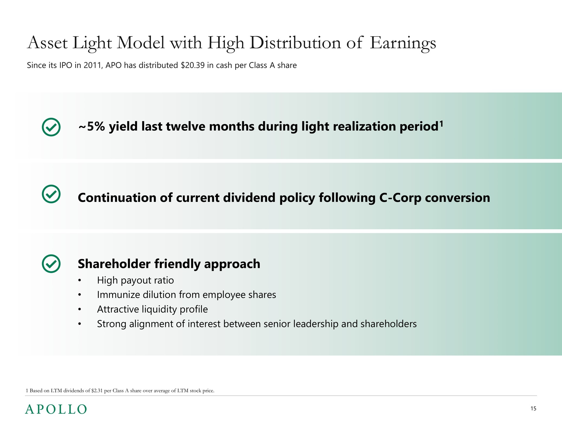 asset light model with high distribution of earnings yield last twelve months during light realization period continuation of current dividend policy following corp conversion shareholder friendly approach period ratio strong alignment interest between senior leadership and shareholders immunize dilution from employee shares attractive liquidity profile i | Apollo Global Management