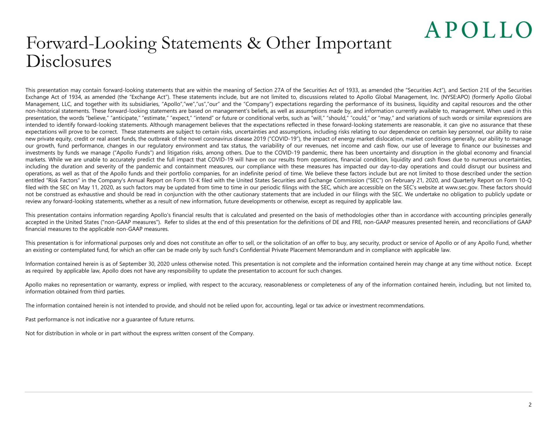 forward looking statements other important disclosures | Apollo Global Management
