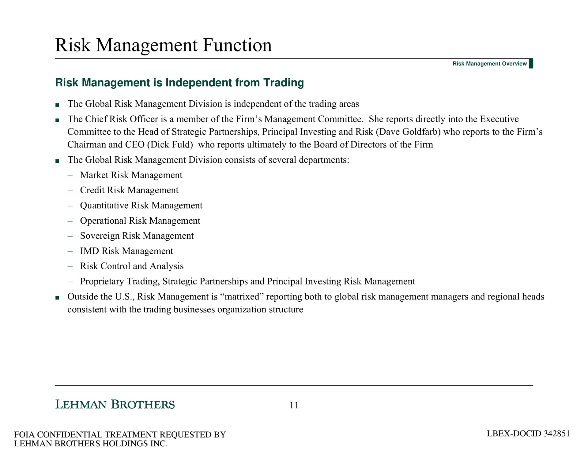 risk management function risk management is independent from trading | Lehman Brothers