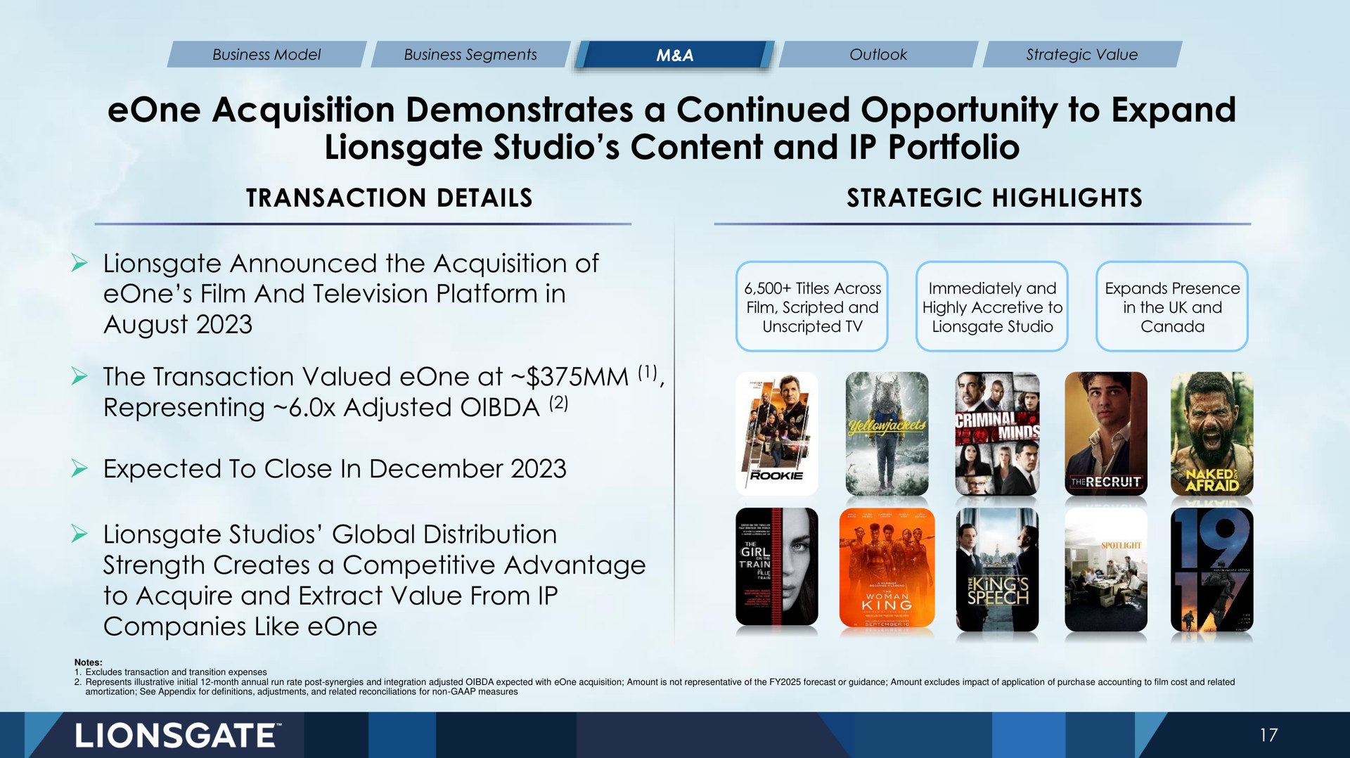 acquisition demonstrates a continued opportunity to expand studio content and portfolio mined film television platform in the transaction valued at | Lionsgate