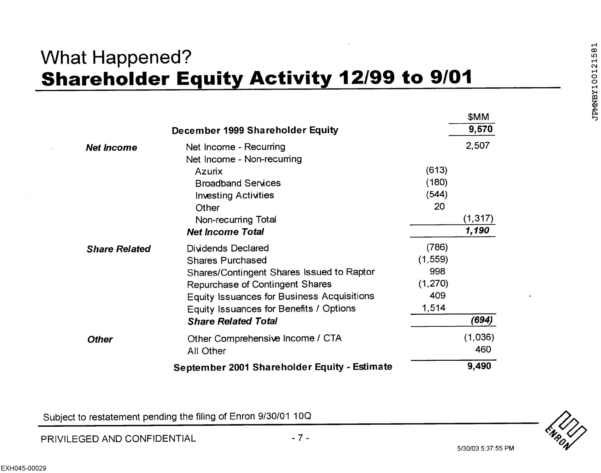 what happened shareholder equity activity to | Enron