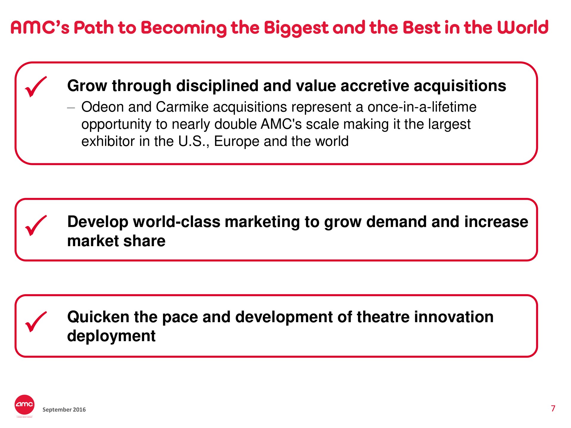 path to becoming the biggest and the best in the world grow through disciplined and value accretive acquisitions develop world class marketing to grow demand and increase market share quicken the pace and development of innovation deployment | AMC