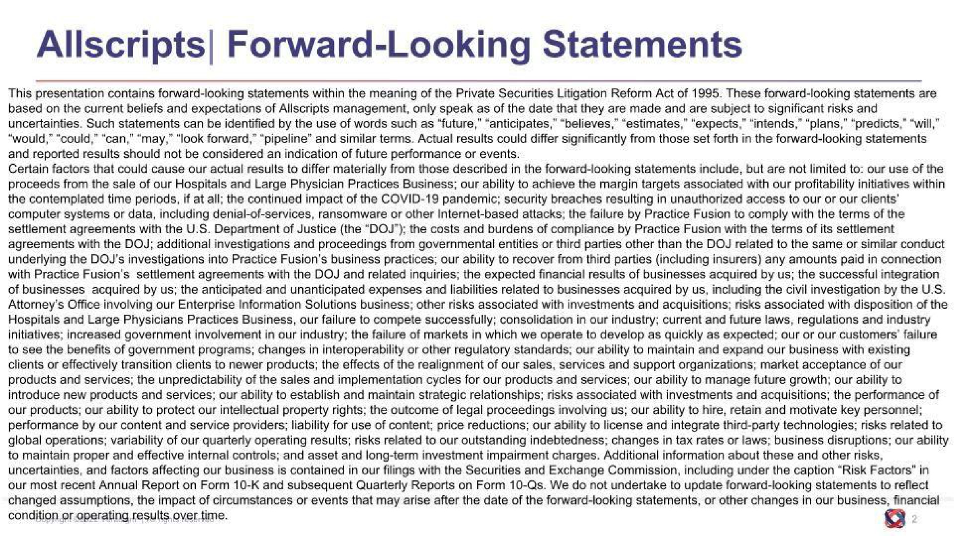 forward looking statements | Allscripts Healthcare Solutions