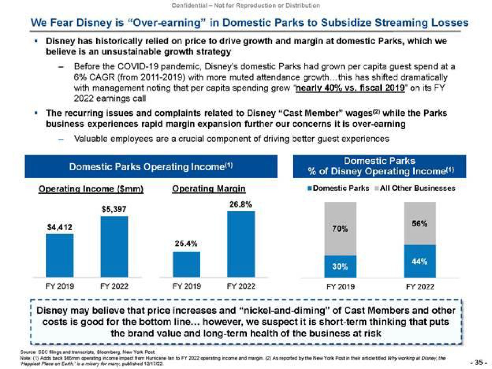 we fear is over earning in domestic parks to subsidize streaming losses has historically relied on price to drive growth and margin at domestic parks which we believe is an unsustainable growth strategy with more muted attendance growth this has shifted dramatically earnings call the recurring issues and complaints related to cast member wages while the parks valuable employees are a crucial component of driving better guest experiences domestic parks operating income domestic parks of operating income may believe that price increases and nickel and diming of cast members arid other costs is good for the bottom line however we suspect it is short term thinking that puts the brand value and long term health of the business at risk i | Trian Partners
