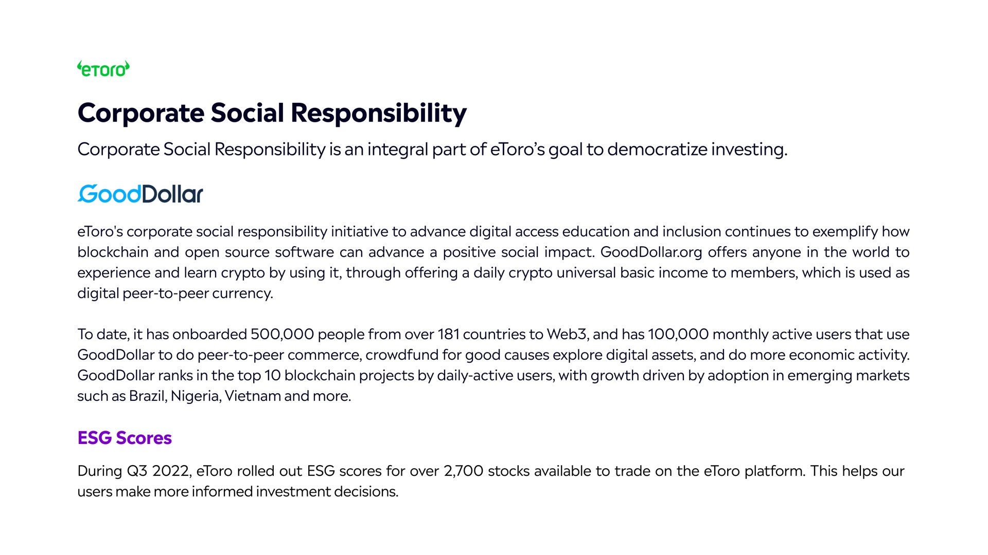 corporate social responsibility is an integral part of goal to democratize investing | eToro