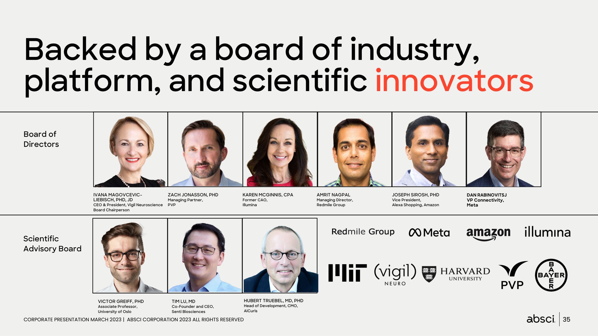backed by a board of industry platform and scientific innovators mir | Absci