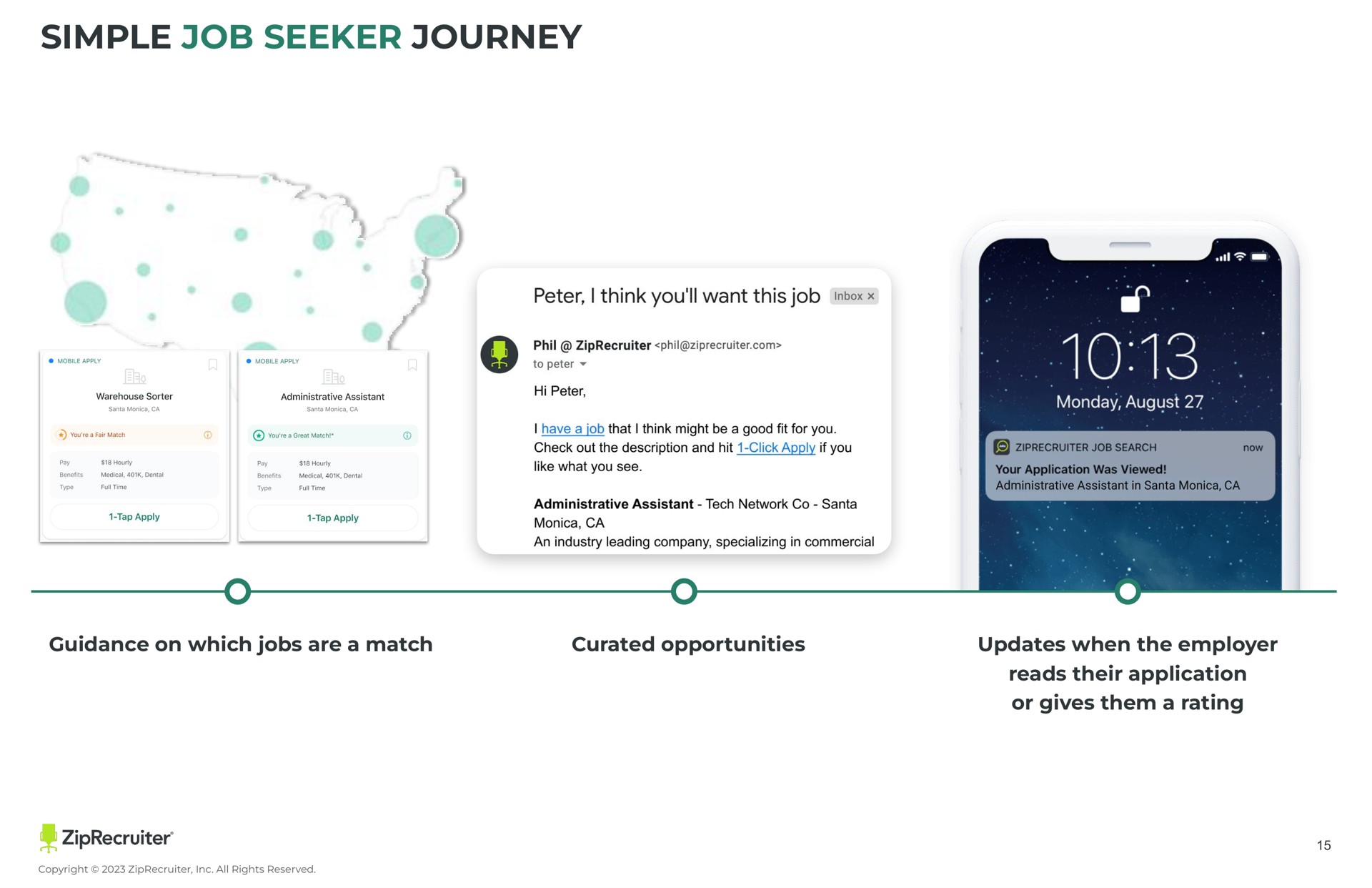 simple job seeker journey guidance on which jobs are a match opportunities updates when the employer reads their application or gives them a rating cee | ZipRecruiter