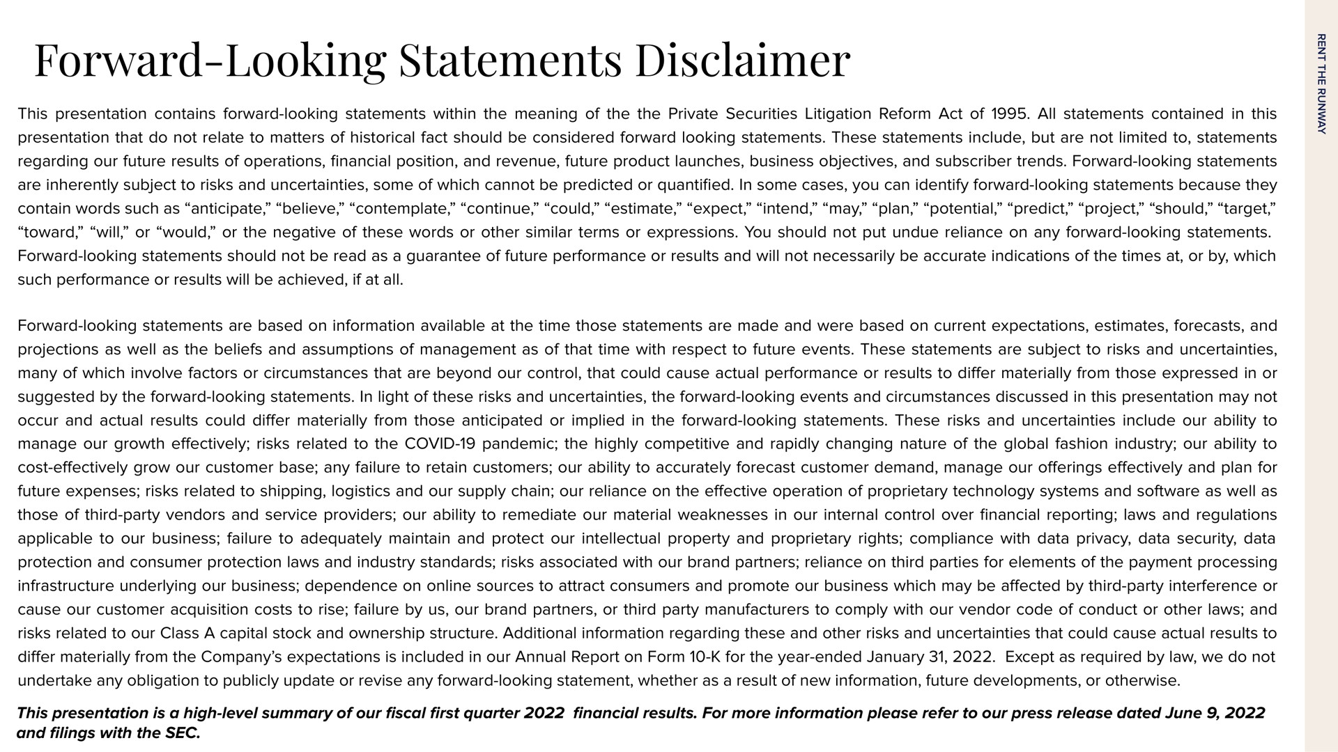 forward looking statements disclaimer | Rent The Runway