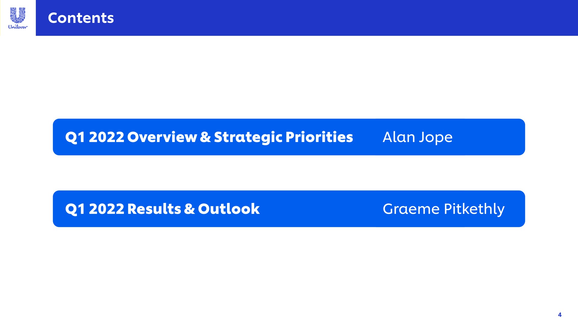 contents overview strategic priorities alan results outlook | Unilever