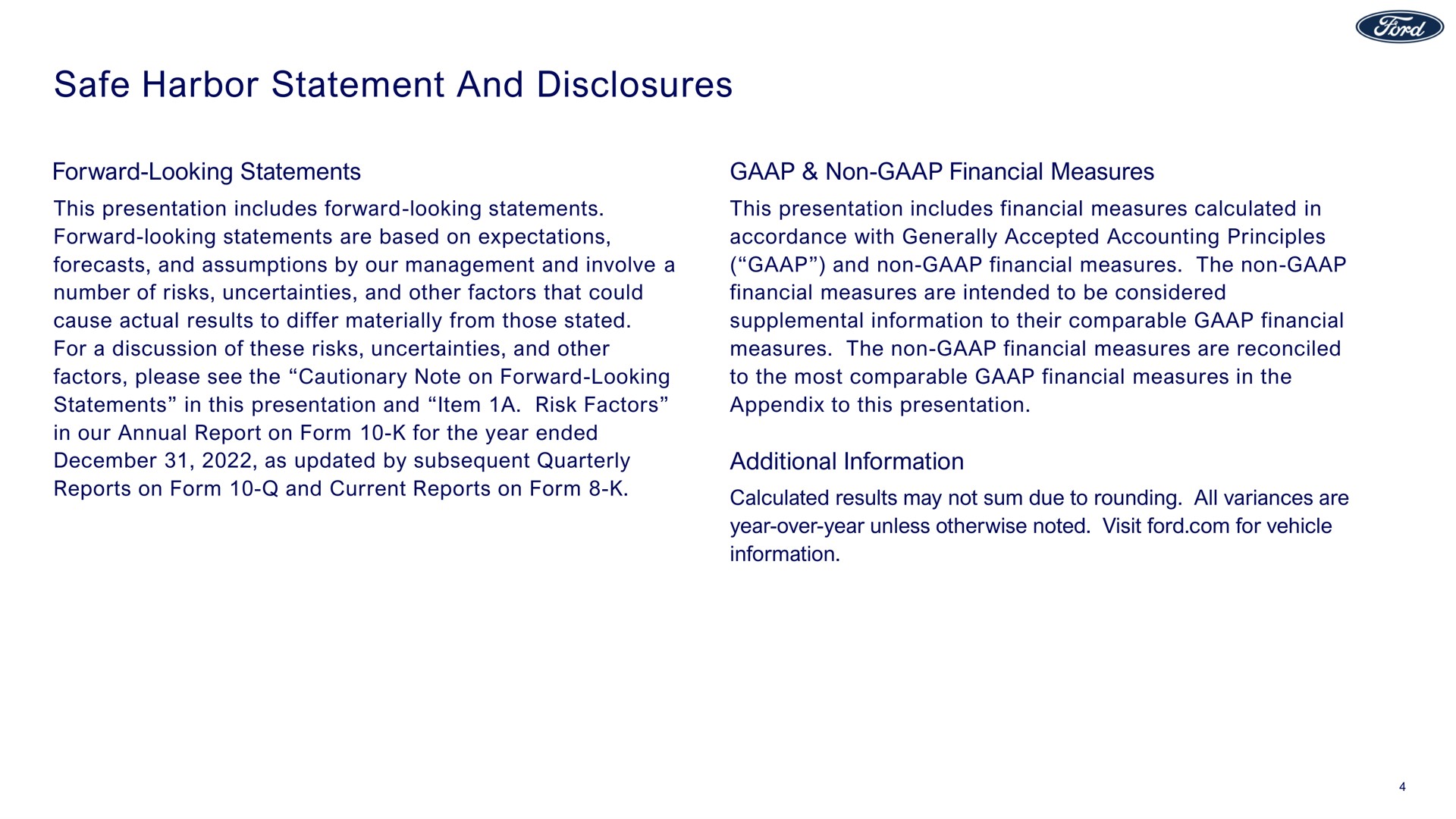 safe harbor statement and disclosures | Ford
