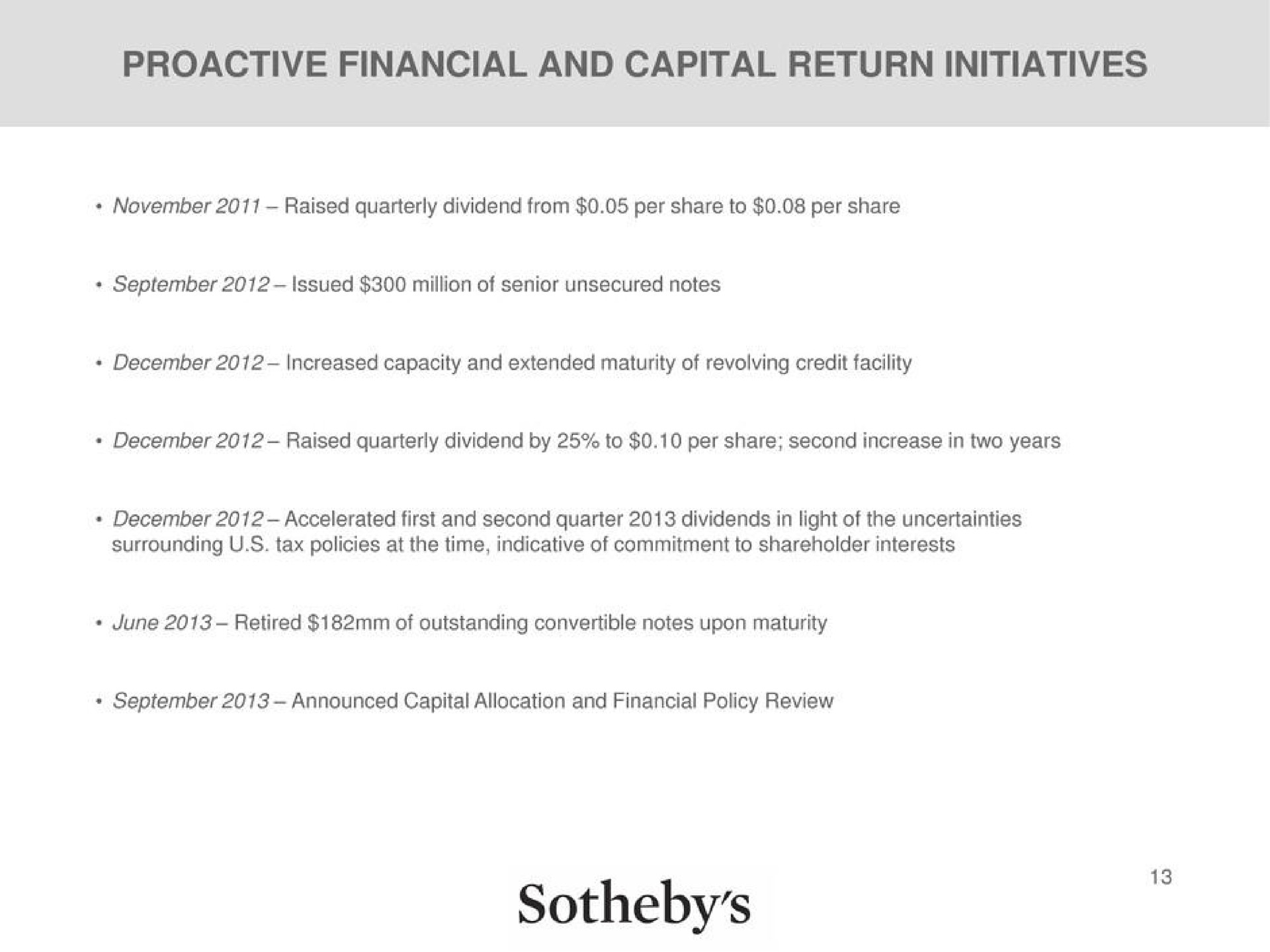 financial and capital return initiatives | Sotheby's