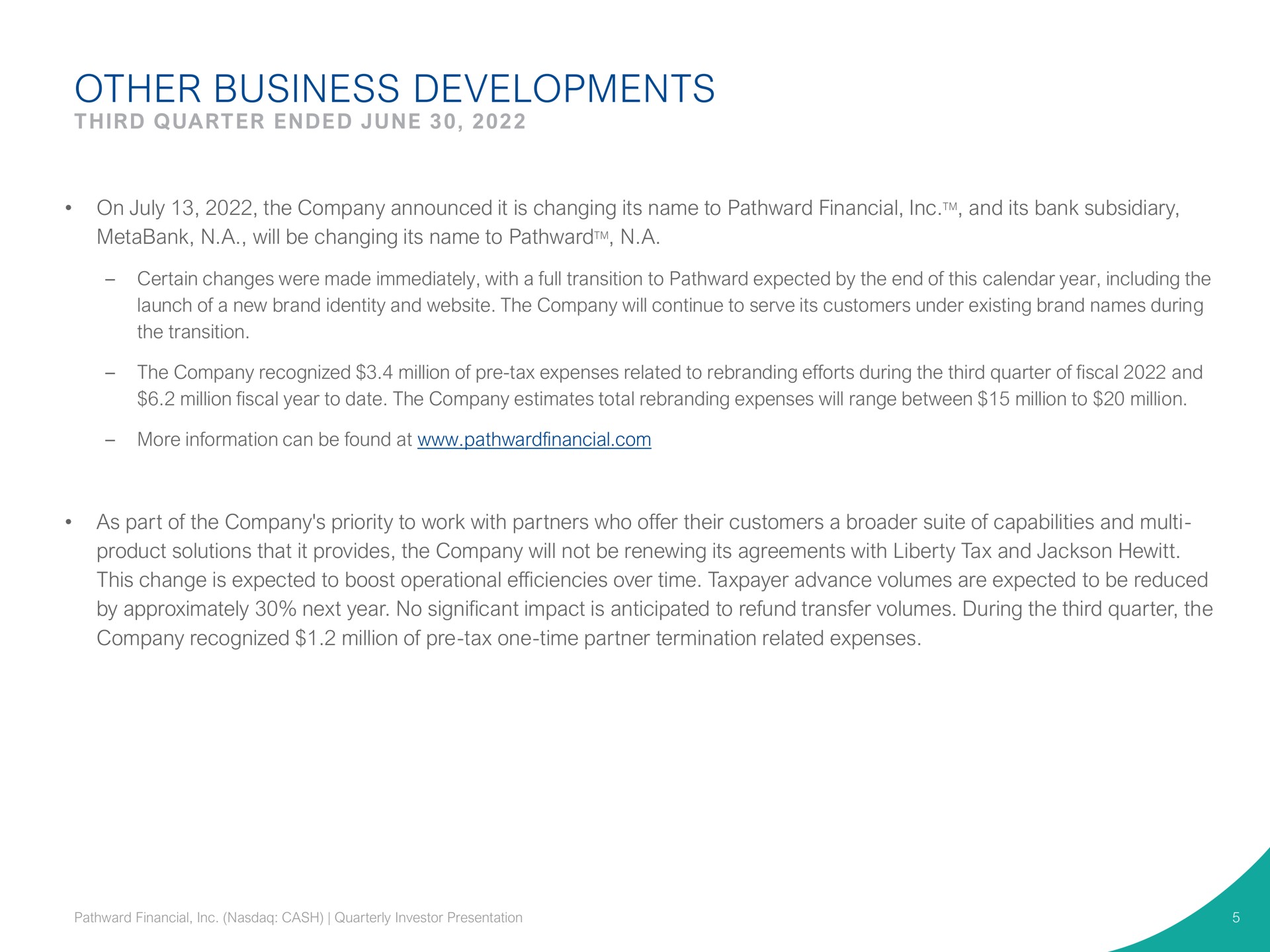 other business developments | Pathward Financial