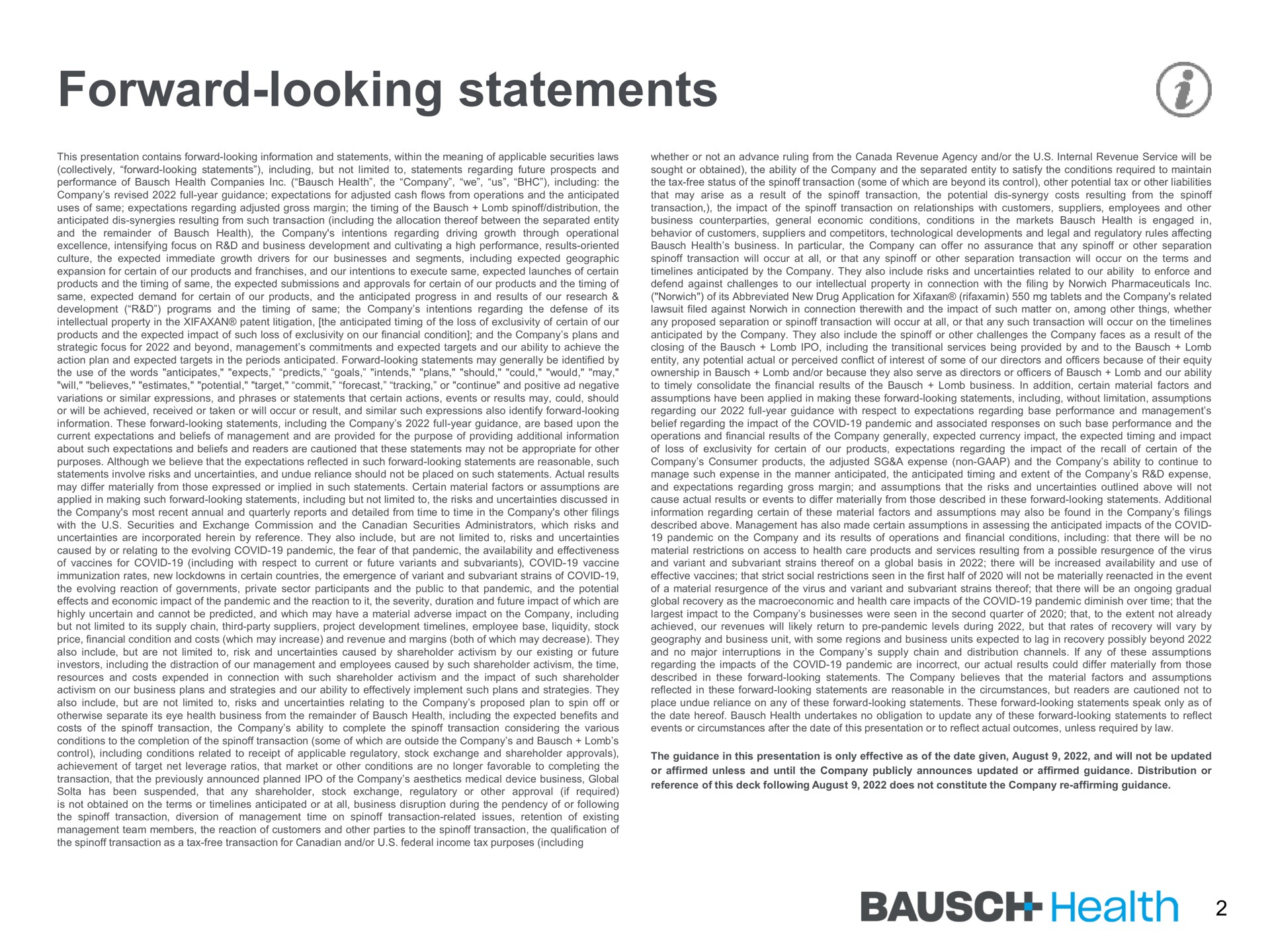 forward looking statements health | Bausch Health Companies