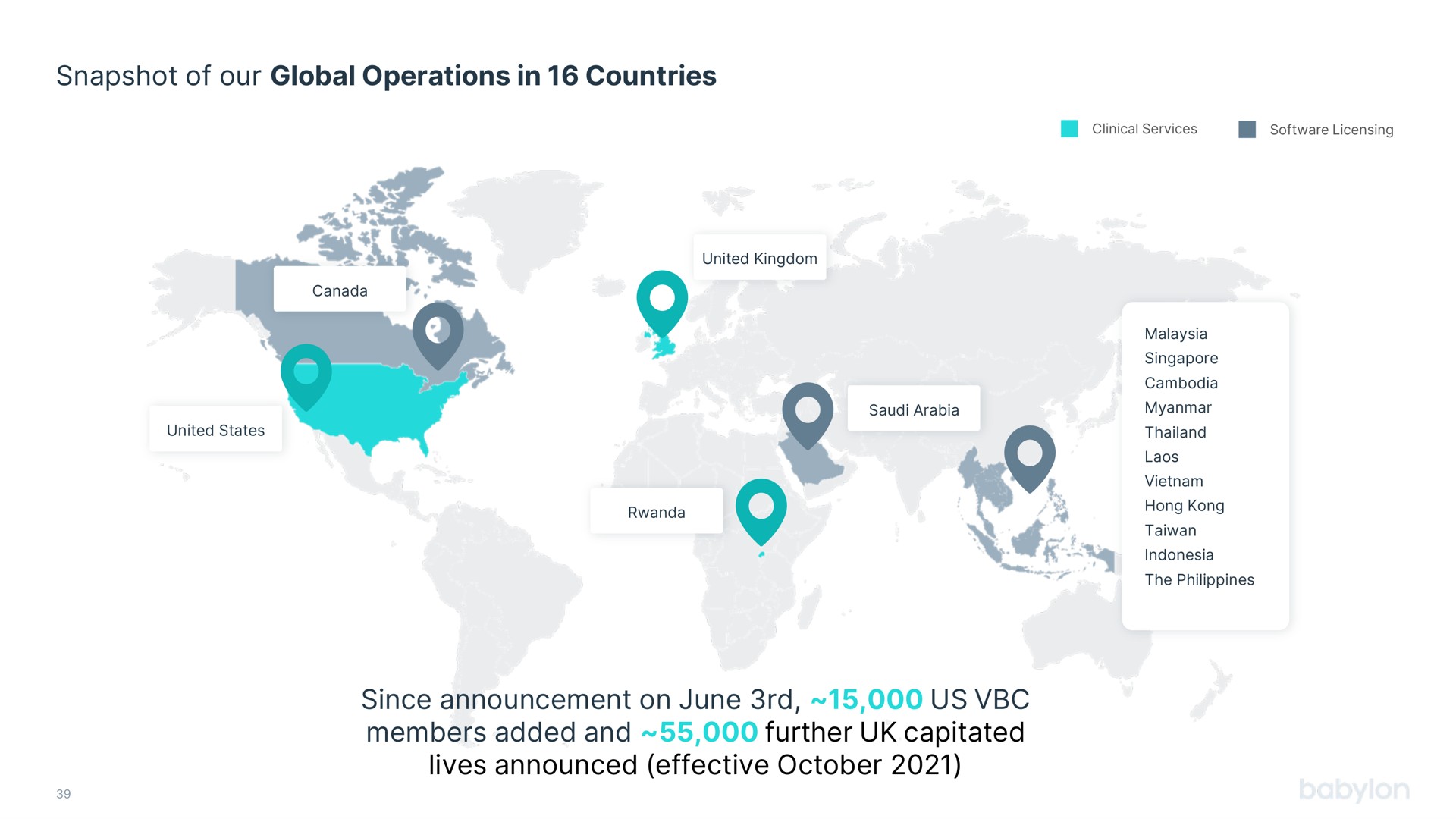 snapshot of our global operations in countries since announcement on june us members added and further capitated lives announced effective wish | Babylon