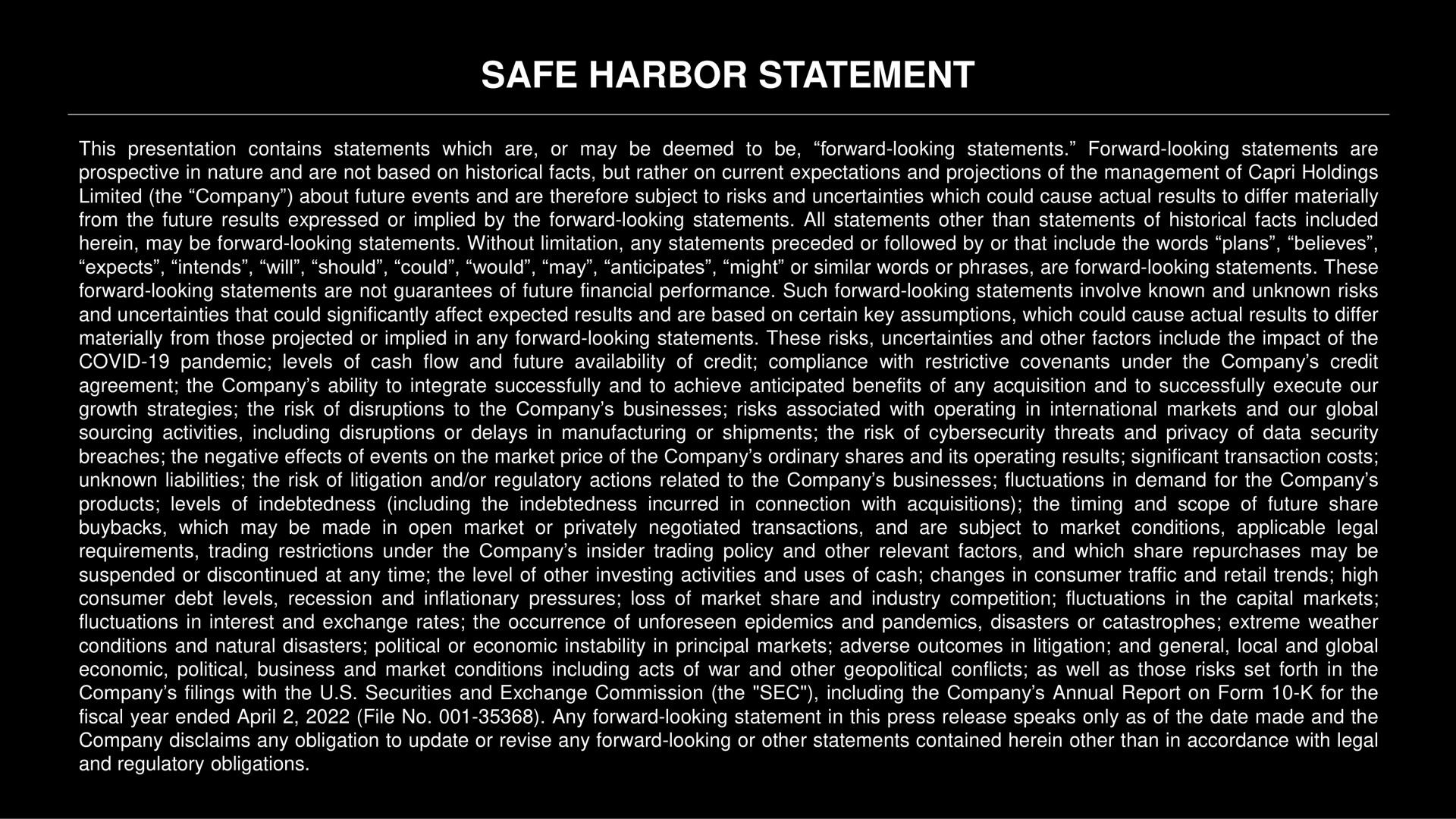 safe harbor statement | Capri Holdings