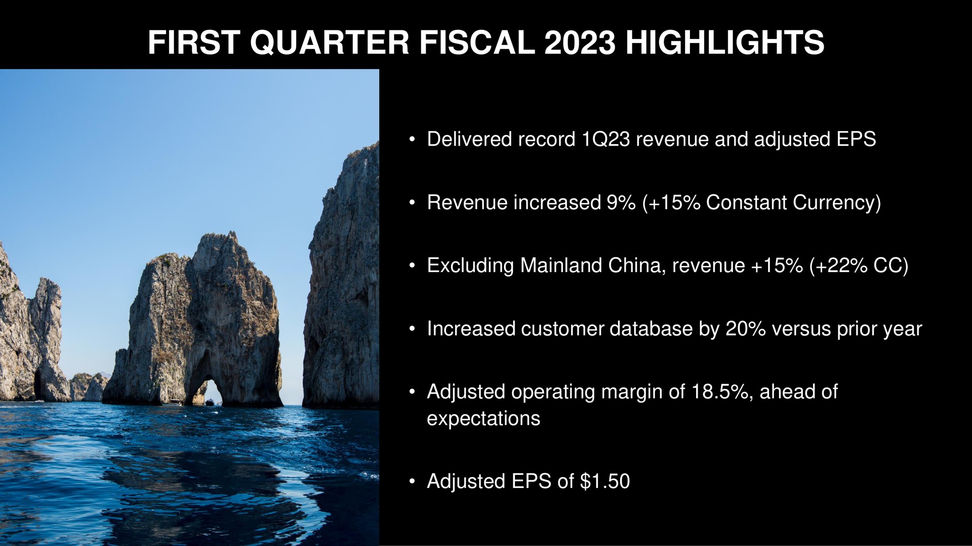 first quarter fiscal highlights delivered record revenue and adjusted revenue increased constant currency excluding china revenue increased customer by versus prior year adjusted operating margin of ahead of expectations adjusted of | Capri Holdings