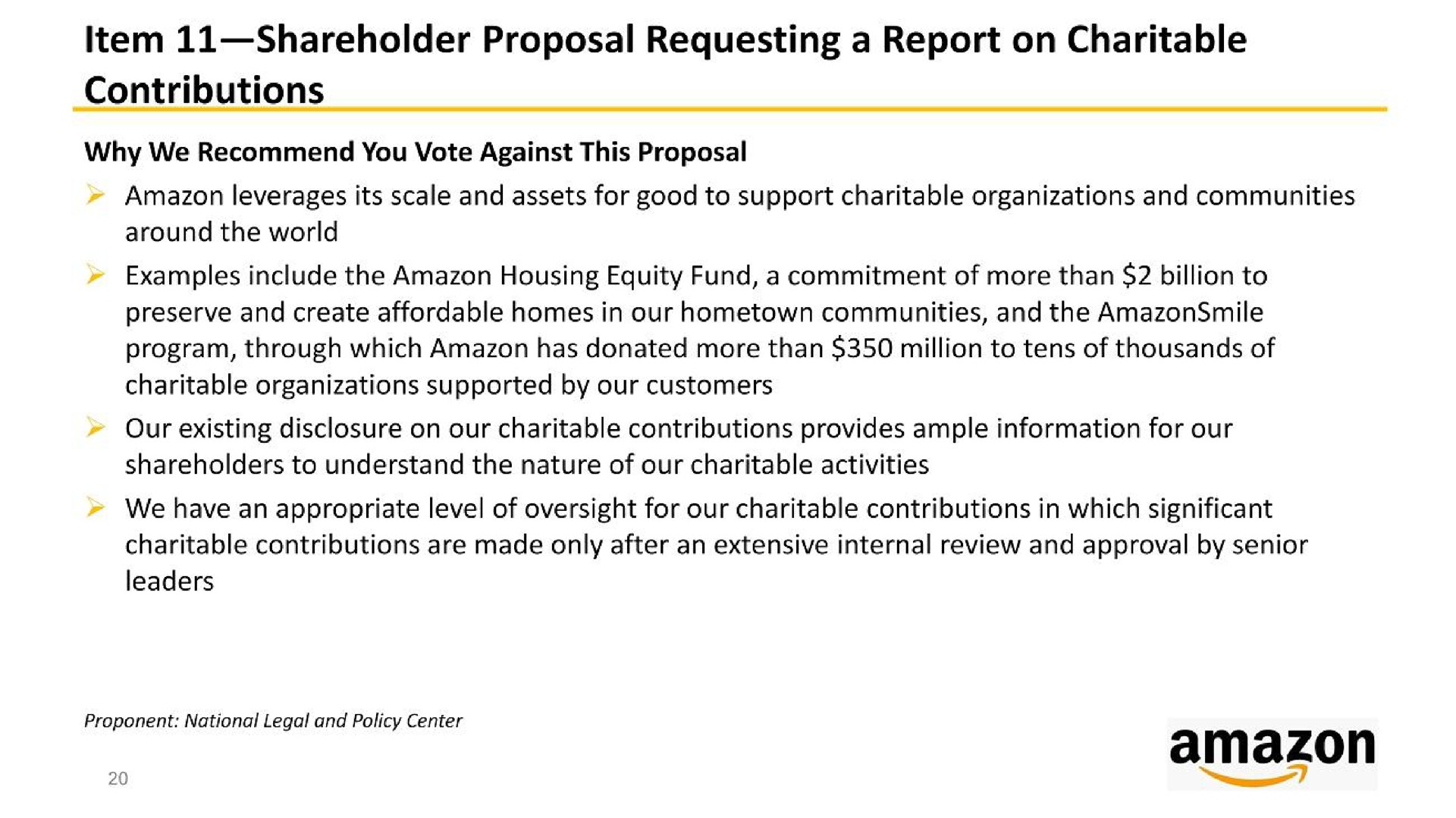 item shareholder proposal requesting a report on charitable contributions | Amazon