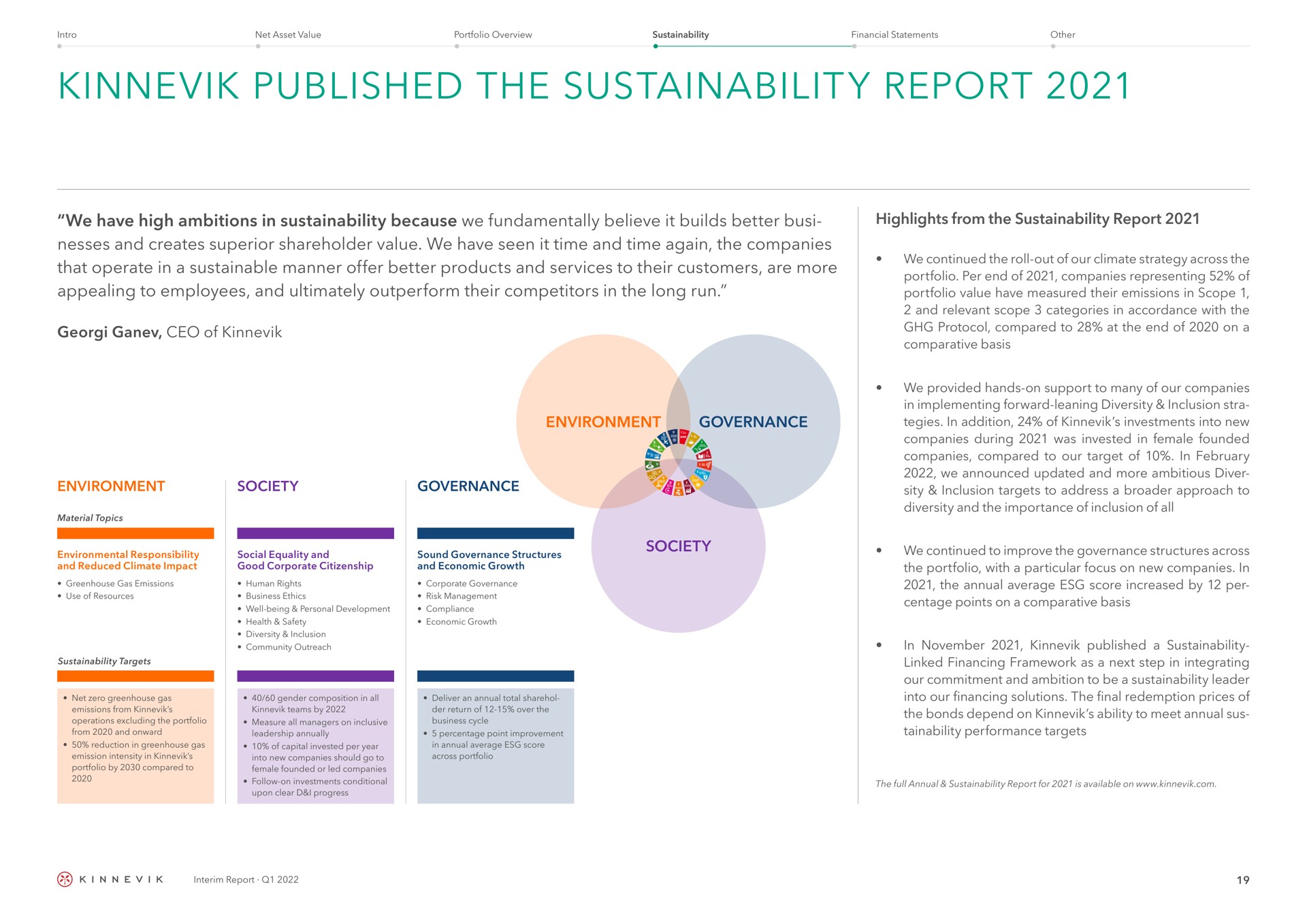 published the report we have high ambitions in because we fundamentally believe it builds better nesses and creates superior shareholder value we have seen it time and time again the companies that operate in a sustainable manner offer better products and services to their customers are more appealing to employees and ultimately outperform their competitors in the long run of environment governance environment society governance society highlights from the report we continued the roll out of our climate strategy across the portfolio per end of companies representing of portfolio value have measured their emissions in scope and relevant scope categories in accordance with the protocol compared to at the end of on a comparative basis we provided hands on support to many of our companies in implementing forward leaning diversity inclusion stra in addition of investments into new companies during was invested in female founded companies compared to our target of in we announced updated and more ambitious diver inclusion targets to address a approach to diversity and the importance of inclusion of all we continued to improve the governance structures across the portfolio with a particular focus on new companies in the annual average score increased by per centage points on a comparative basis in published a linked financing framework as a next step in integrating our commitment and ambition to be a leader into our financing solutions the final redemption prices of the bonds depend on ability to meet annual performance targets ona interim | Kinnevik