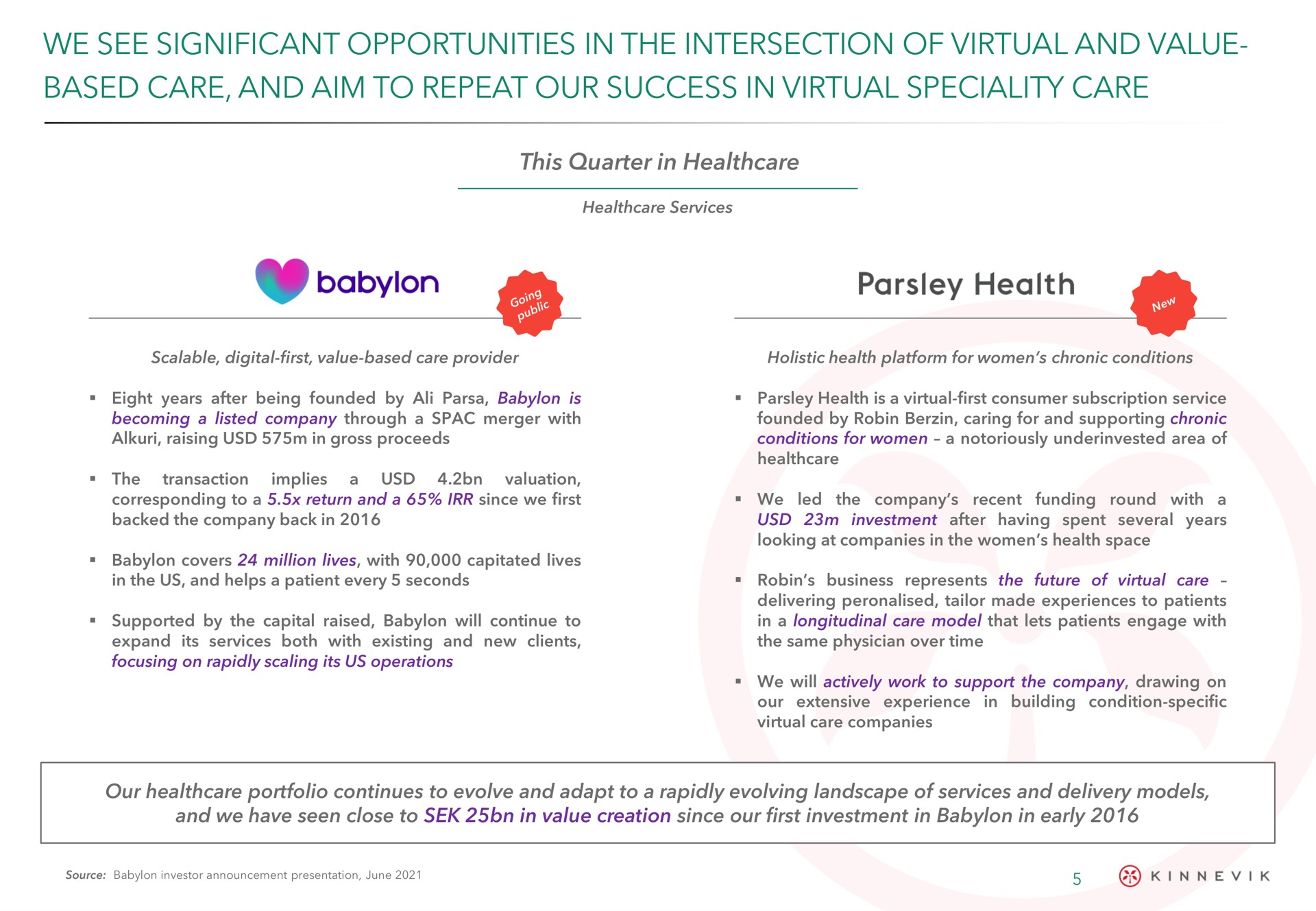 we see significant opportunities in the intersection of virtual and value based care and aim to repeat our success in virtual speciality care parsley health | Kinnevik